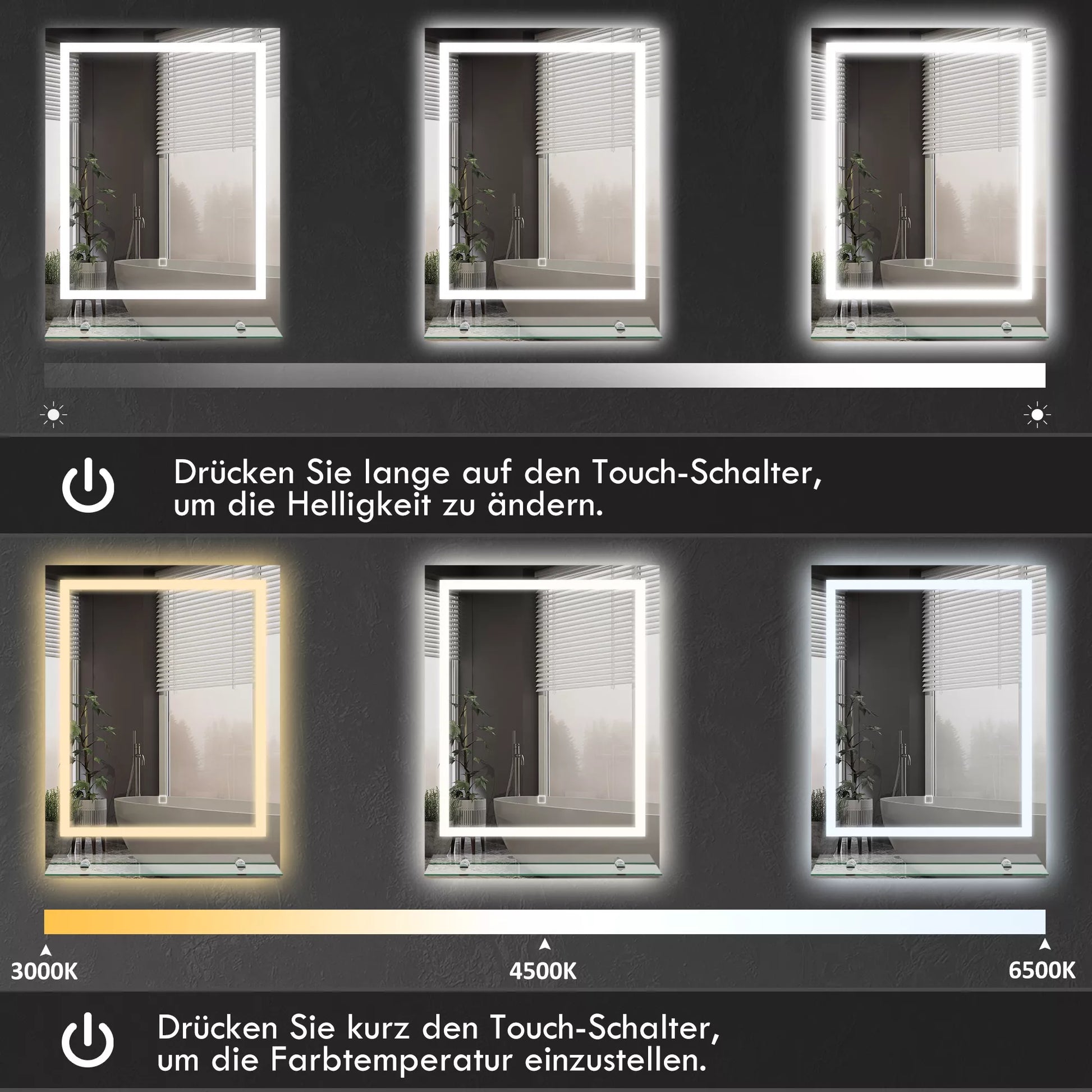 Vonios veidrodis su LED apšvietimu, 3 šviesos spalvos, apsauga nuo rasos, laidinis, 70 x 50 cm