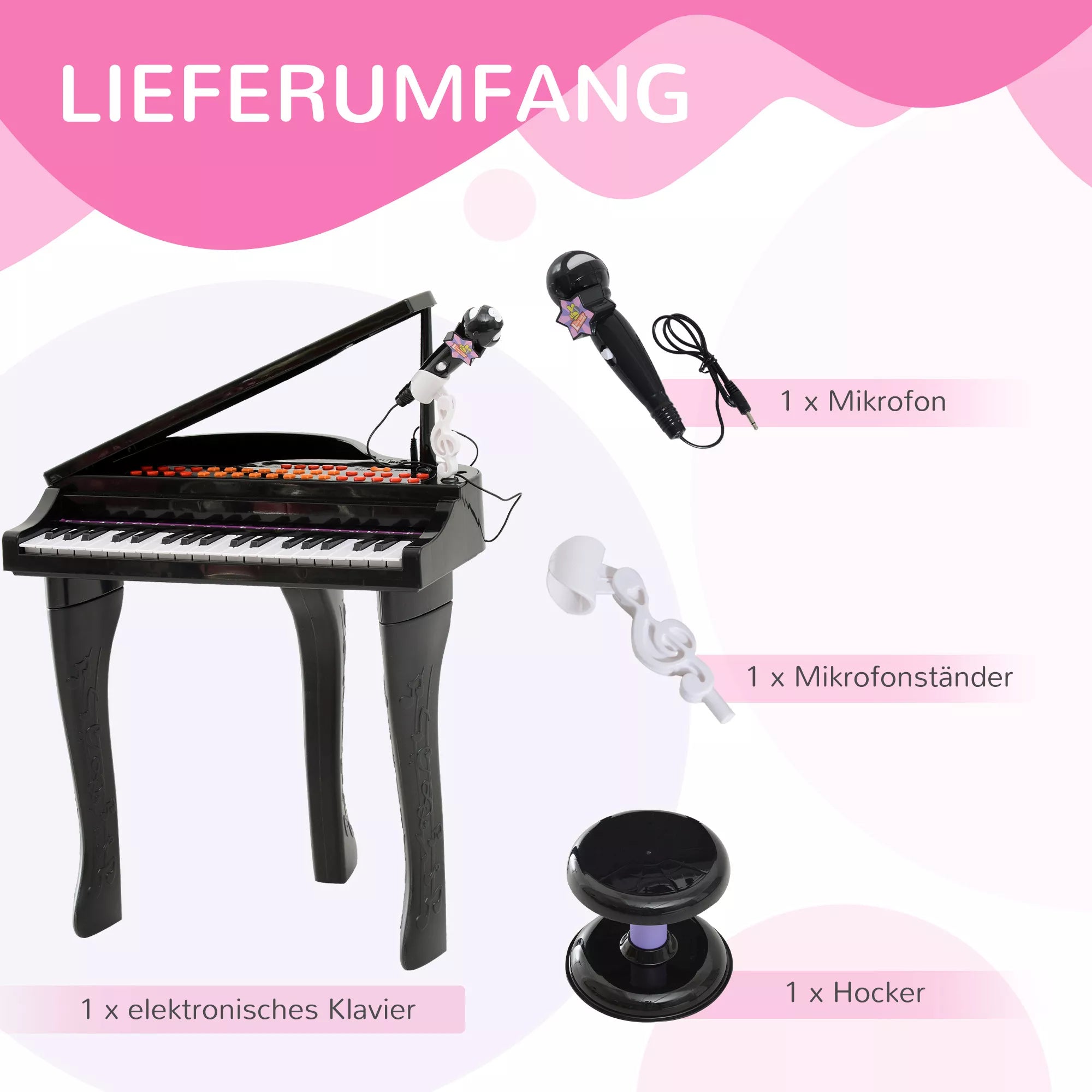 37 klavišų klaviatūra vaikams, pianino taburetė su mikrofonu, LED mokymosi režimas, įrašymas, pianino muzikos instrumentas 3–6 metų vaikams, juodos spalvos