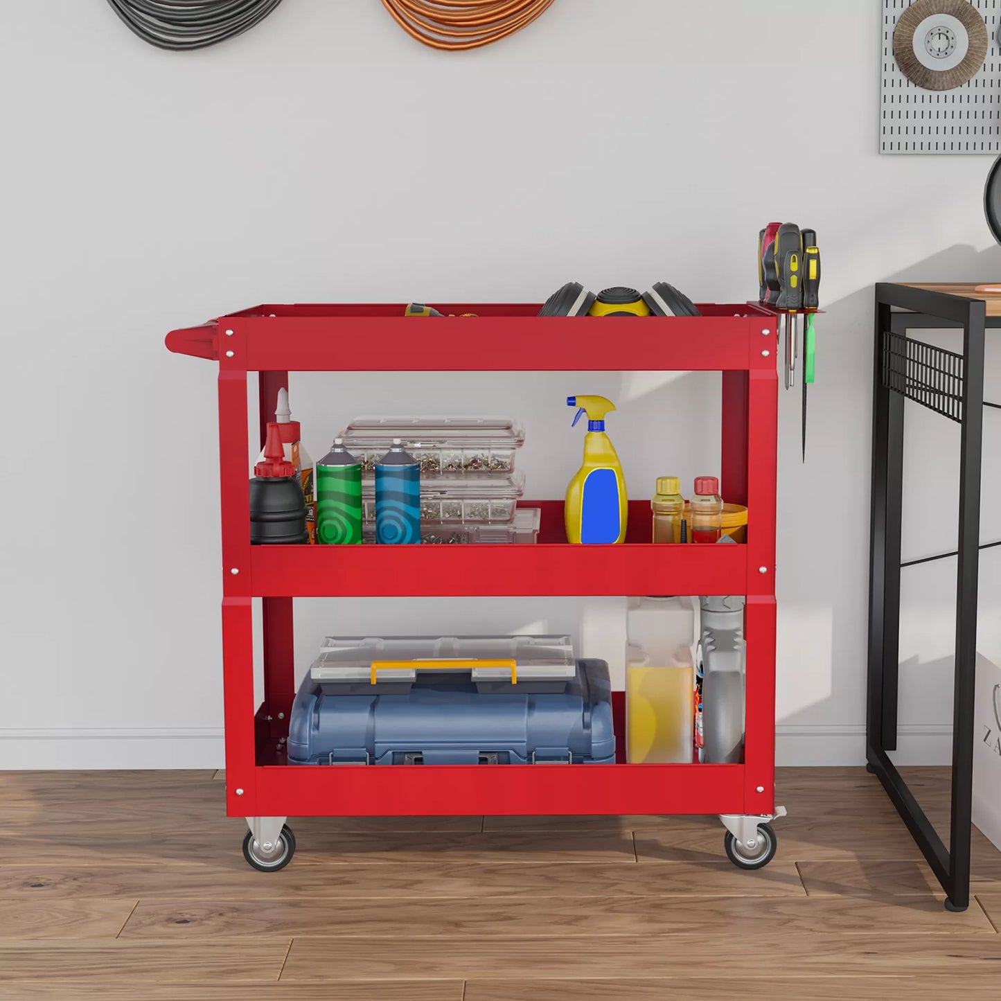 3 pakopų įrankių vežimėlis, 4 ratai, plienas, 83P x 35,3G x 76A cm, raudonas