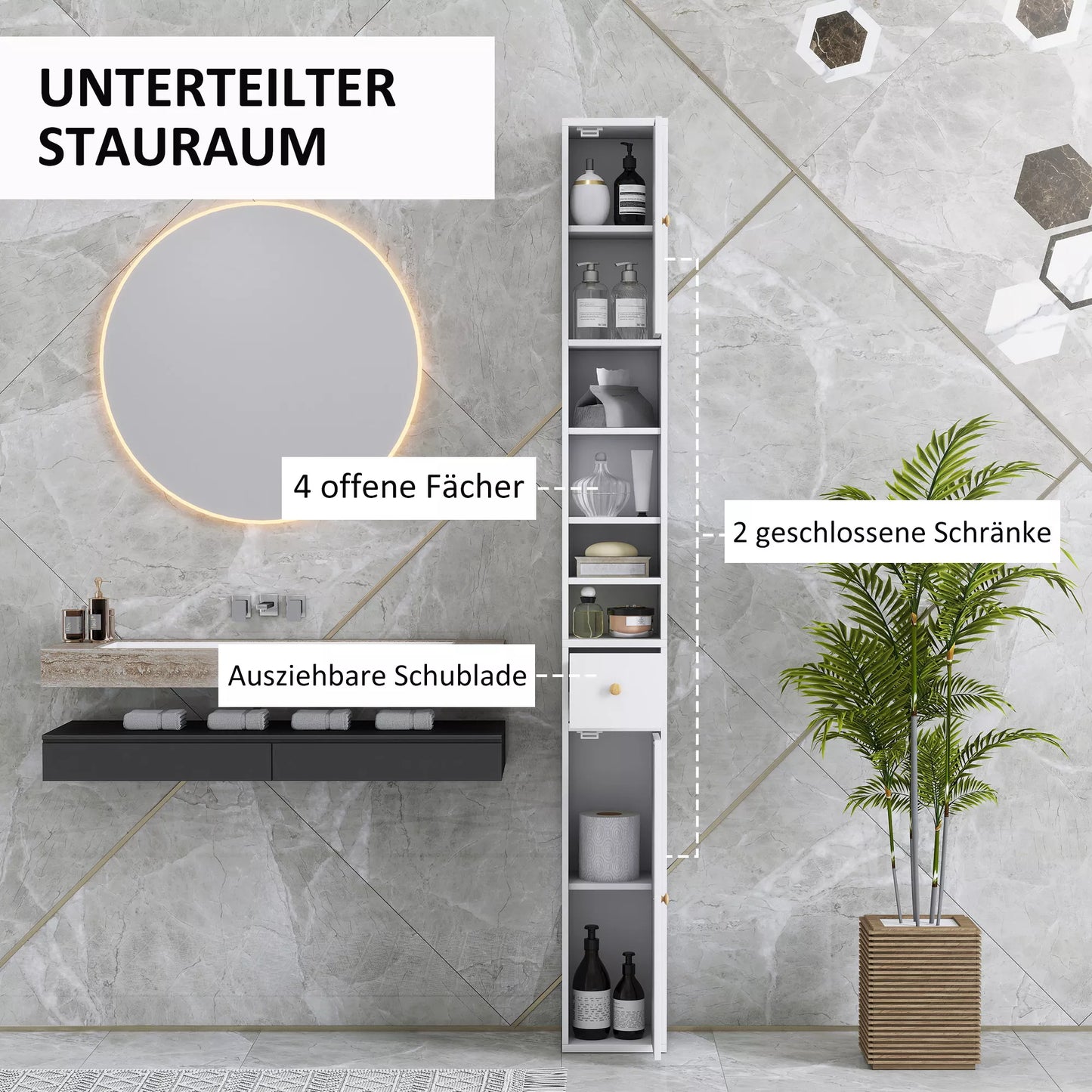 Aukšta ir siaura vonios spintelė, atviros ir uždaros zonos, balta