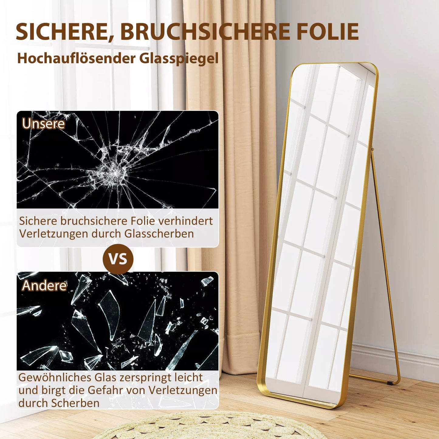 Visą kūną atspindintis veidrodis, stovintis, pakreipiamas, metalinis rėmas, MDF, 160 x 50 cm, aukso spalvos