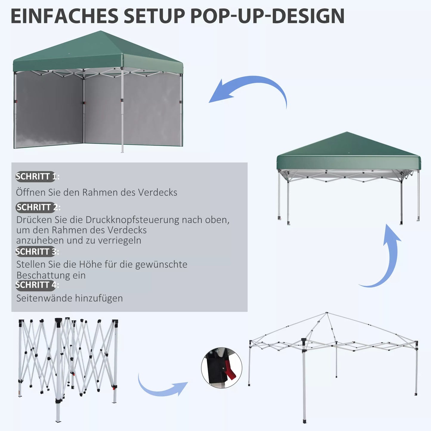 Suldamasis paviljonas, 2 šoninės sienelės, reguliuojamas aukštis, su transportavimo krepšiu, nerūdijančio plieno rėmas, 3 x 3 m, žalias