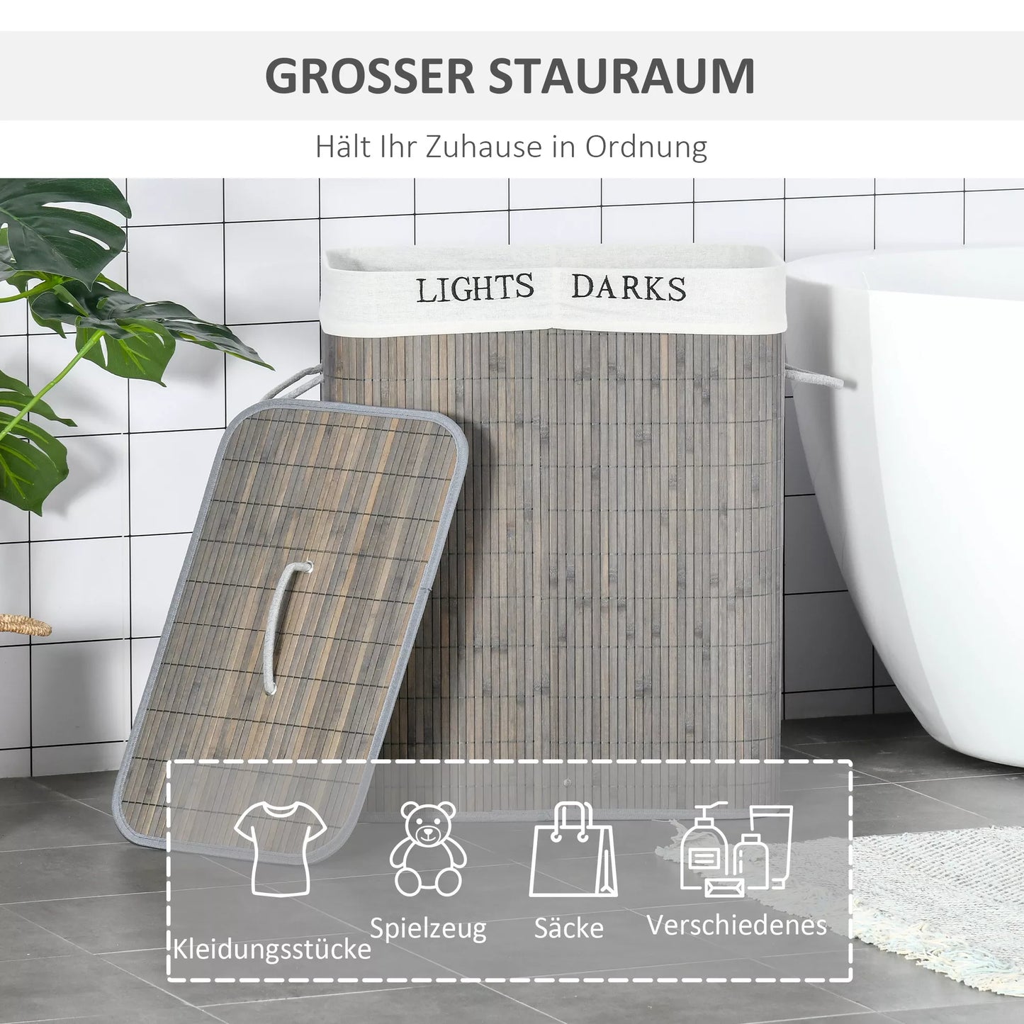 100L skalbinių krepšys su 3 rankenomis, su skalbiamu maišeliu, Bambukas, poliesteris, medvilnė, metalas, 52 x 32 x 63 cm, Pilkas