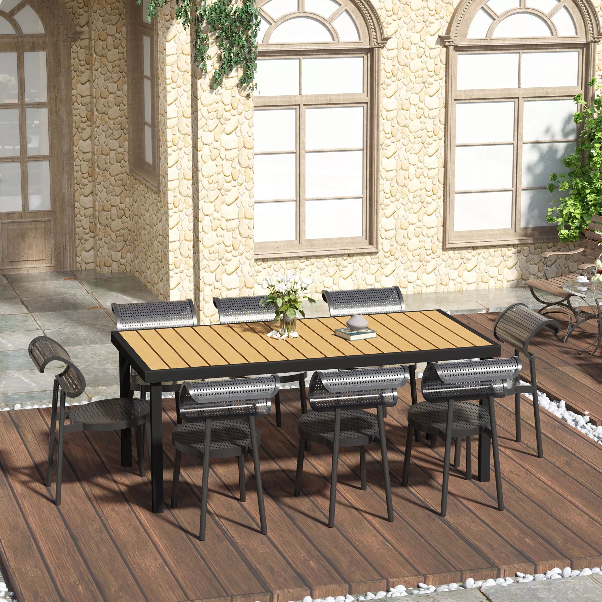 Sodo stalas 8 asmenims Valgomojo stalas Aliuminio stalas Sodo baldai Poilsio baldai Lengvai prižiūrimi Plastikas Natūralus + juodas 190 x 90 x 74 cm