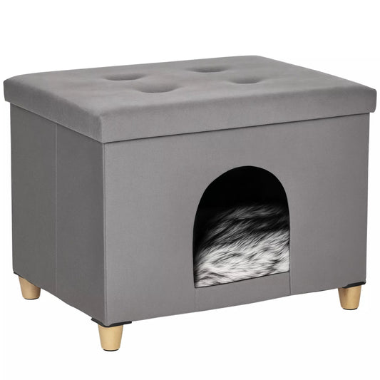 2-IN-1 kačių guolis - pufas su pagalvėle, medinės kojos, katės namelis, katės krepšys, minkštai paminkštintas, elegantiško dizaino, nuimamas, MDF, pliušas, pilkas, 60 x 45 x 44,5 cm