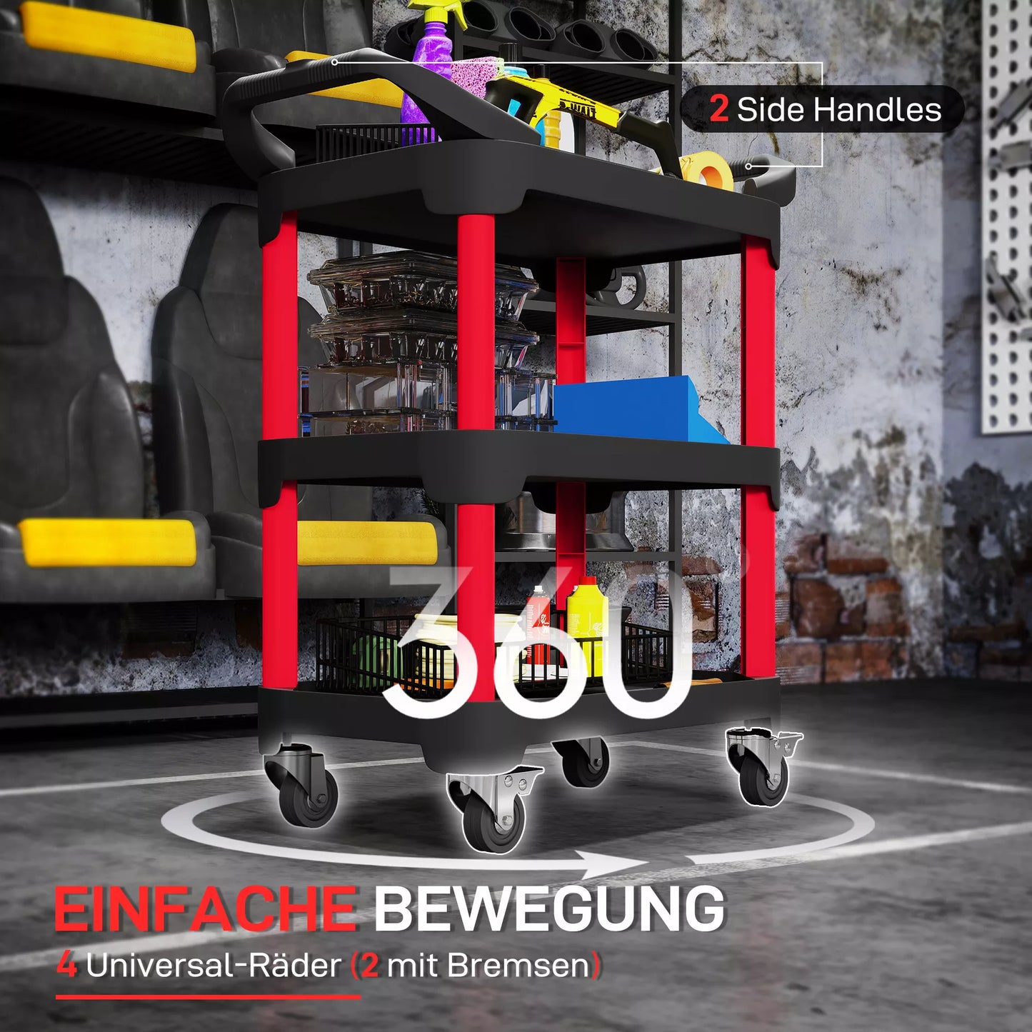 3 lentynų įrankių vežimėlis su šoninėmis rankenomis ir ratukais, plastikas, juodas