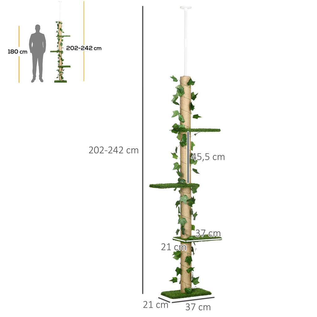 Kratzbaum aukštis reguliuojamas 202-242 cm, neslidus, džiuto virvės stulpeliai, medžio drožlių plokštė, žalia/geltona
