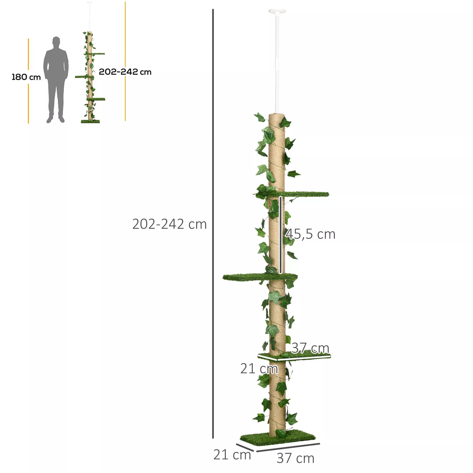 Kratzbaum aukštis reguliuojamas 202-242 cm, neslidus, džiuto virvės stulpeliai, medžio drožlių plokštė, žalia/geltona