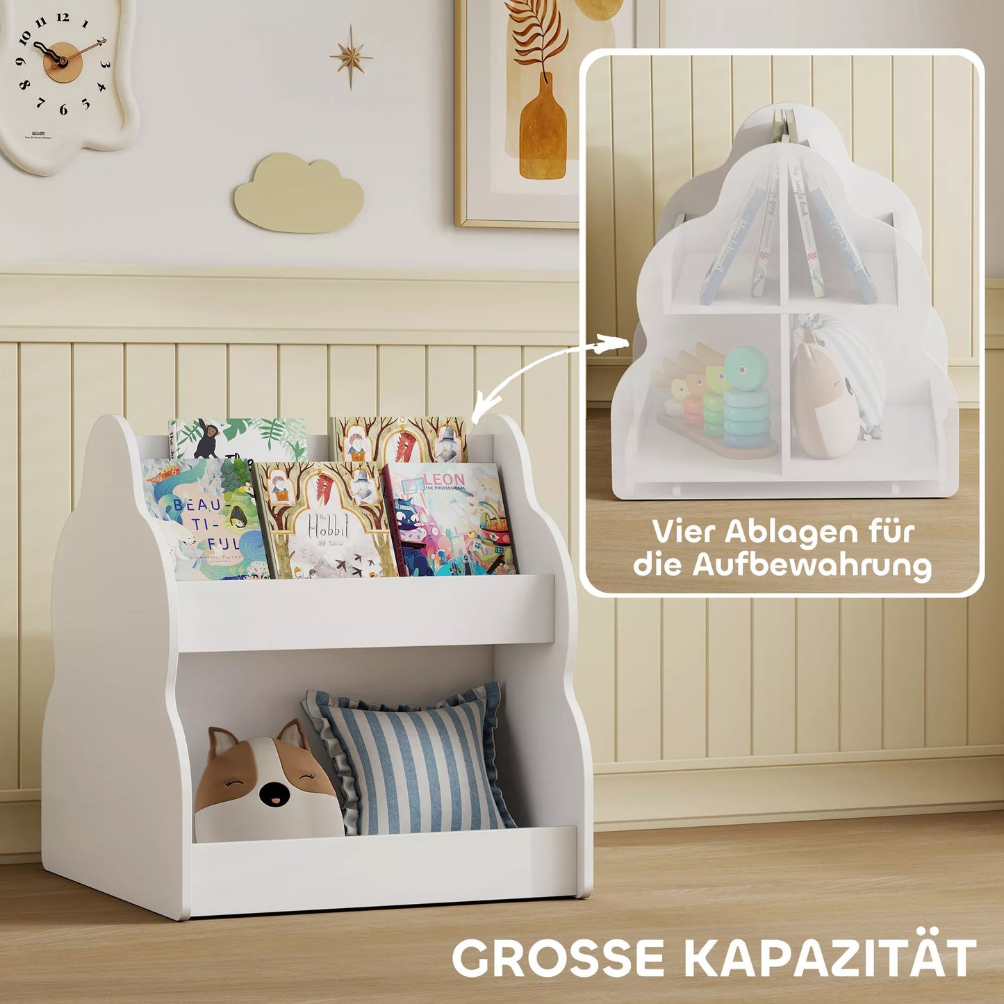 Vaikiška knygų lentyna, 2 aukštų vaikiška knygų lentyna su ratukais, 4 lentynos, skirta vaikų darželiui, žaidimų kambariui, 54x50x56 cm, balta