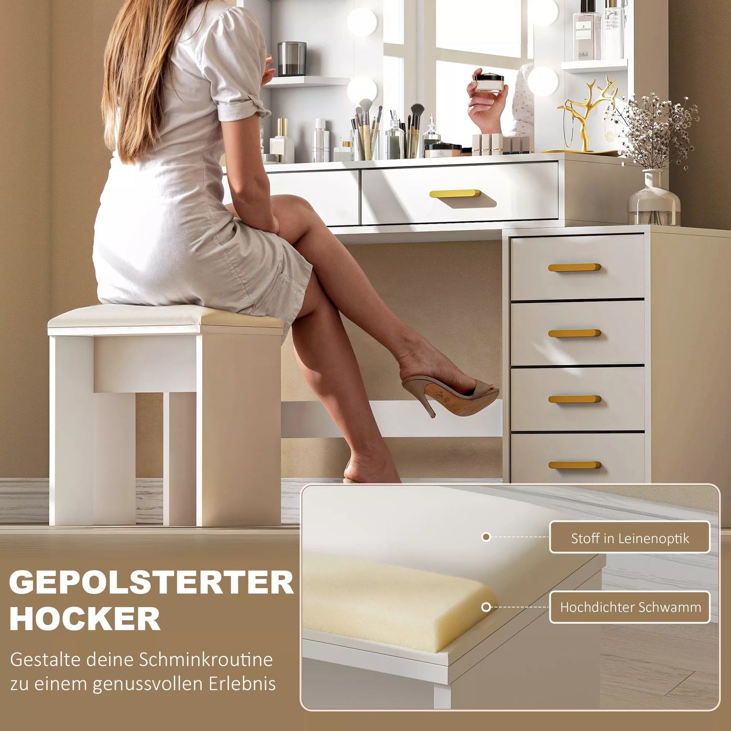 Kosmetinis staliukas su apšviečiamu veidrodžiu ir minkštu pufu, makiažo staliuko rinkinys, medis ir tekstilė, balta