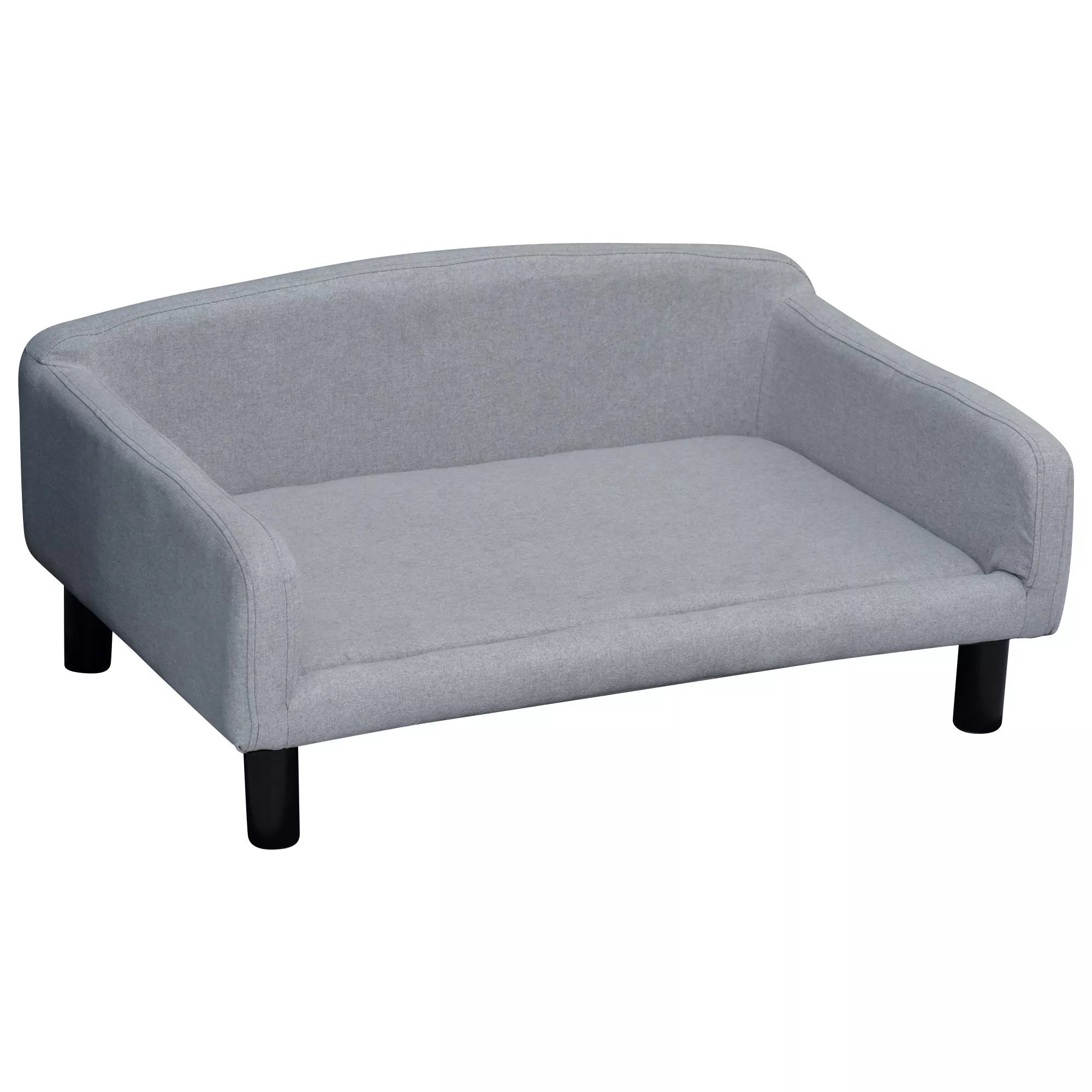 Šviesiai pilka aksominė šunų sofa su atlošu ir medinėmis kojelėmis
