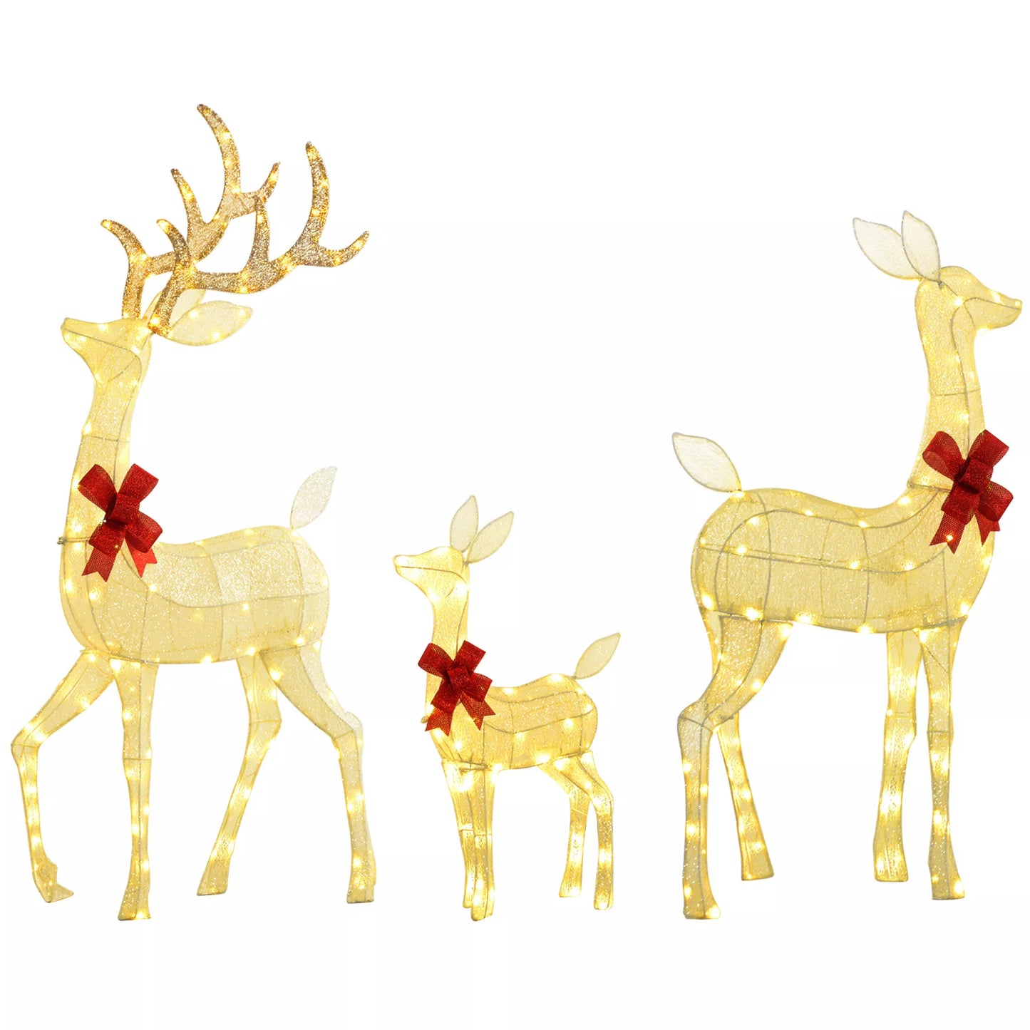 Kalėdinių elnių šeima su raudonais kaspinėliais, 283 LED lemputės, Kalėdinė puošmena, atsparus oro sąlygoms, sidabrinis