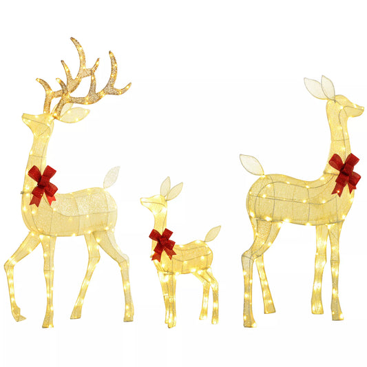 Kalėdinių elnių šeima su raudonais kaspinėliais, 283 LED lemputės, Kalėdinė puošmena, atsparus oro sąlygoms, sidabrinis