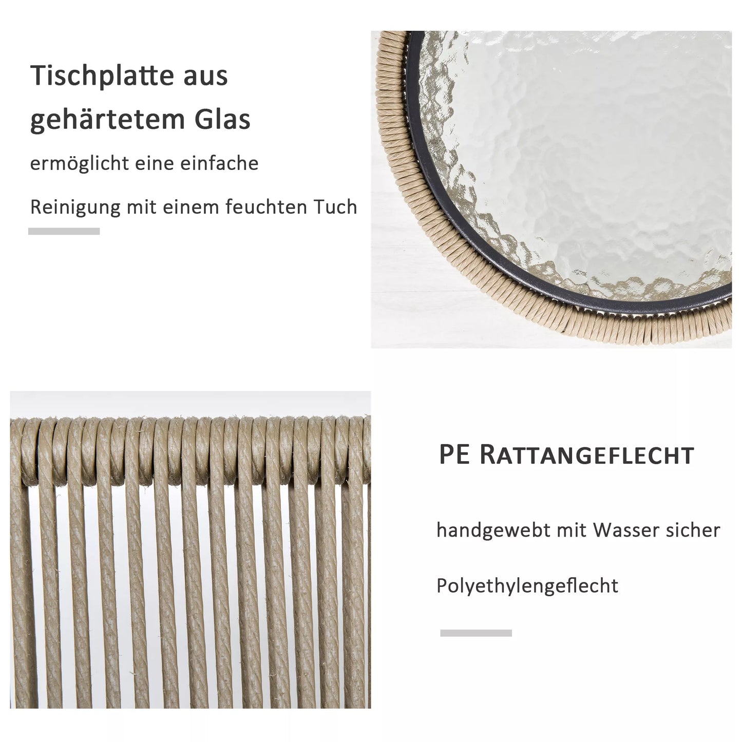 3 dalių sėdimoji grupė, 2 kėdės, staliukas, sėdimosios ir atlošo pagalvėlės, grūdinto stiklo stalviršis, poliratanas, pilkos spalvos