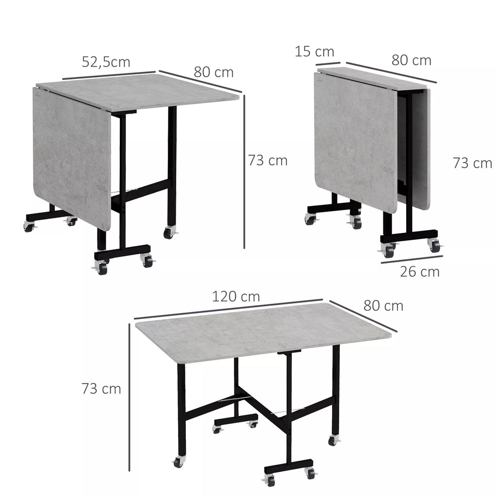 Valgomojo stalas 4–6 asmenims, sulankstomas stalas su ratukais, plieninis rėmas, 52,5–120 x 80 x 73 cm, pilkos spalvos