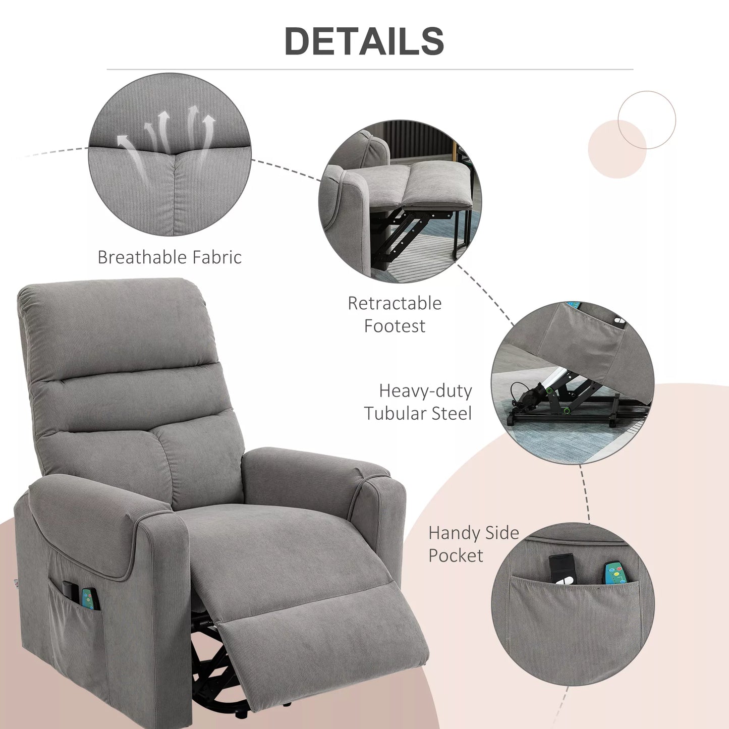 HOMCOM Elektrinis fotelis su pagalba atsistojant, masažinis fotelis su gulėjimo ir šildymo funkcijomis, poilsio fotelis su nuotolinio valdymo pulteliu ir šonine kišene, reguliuojamas, poliesterio audinys, tamsiai pilkos spalvos