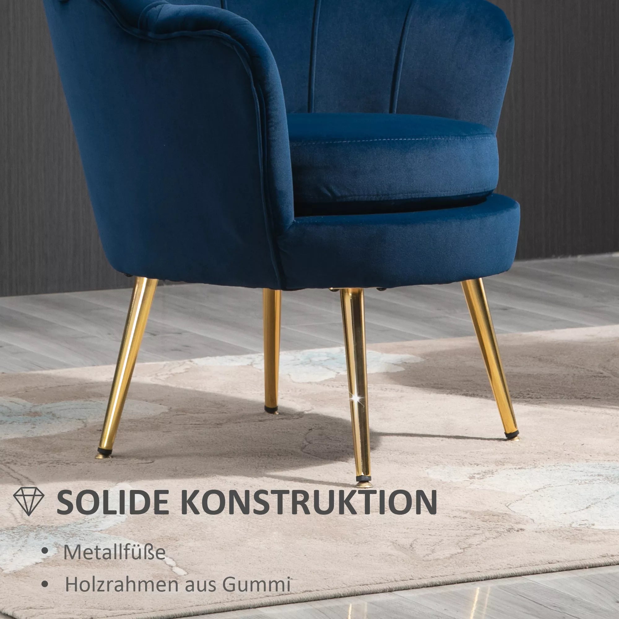 Mėlynas vintažinis lounge fotelis su aksomo išvaizda, metaliniu rėmu, 76 x 67 x 74 cm