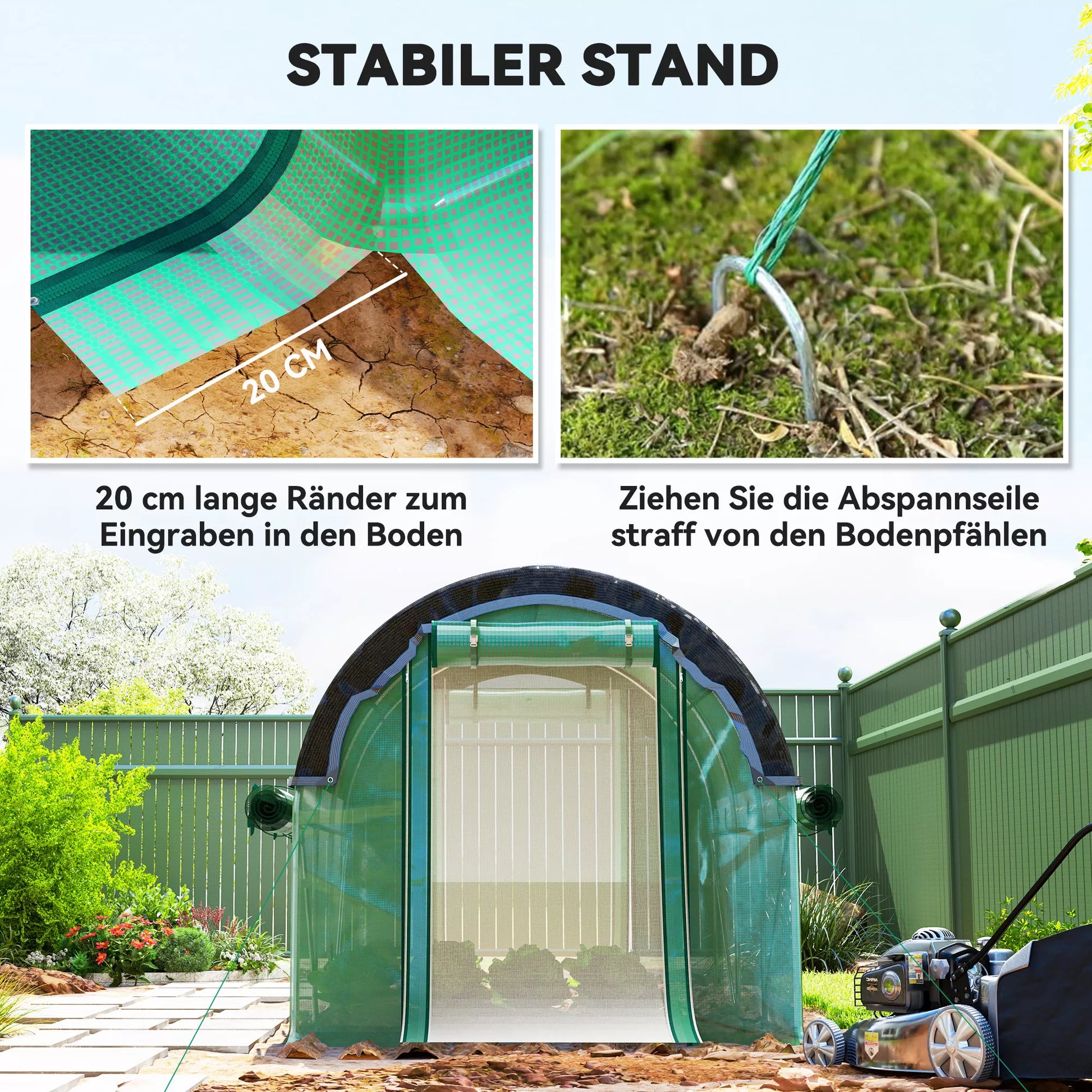 3 x 2 x 2 m polietileno tunelio šiltnamis su apsauga nuo saulės, ritiniais šoniniais sienomis, plastiko danga, plieniniu rėmu, žalios spalvos