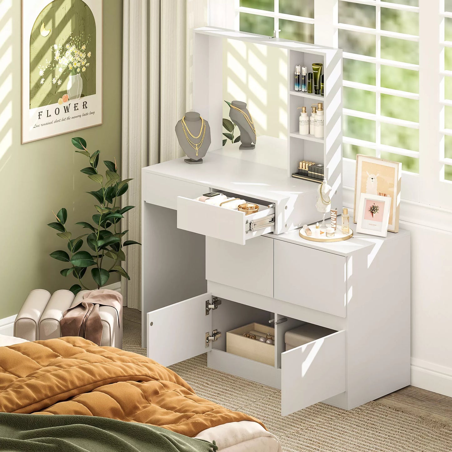 Kosmetinis staliukas, makiažo staliukas su dideliu veidrodžiu, 4 stalčiais, 3 atviromis lentynomis, 2 spintelėmis, MDF, baltas