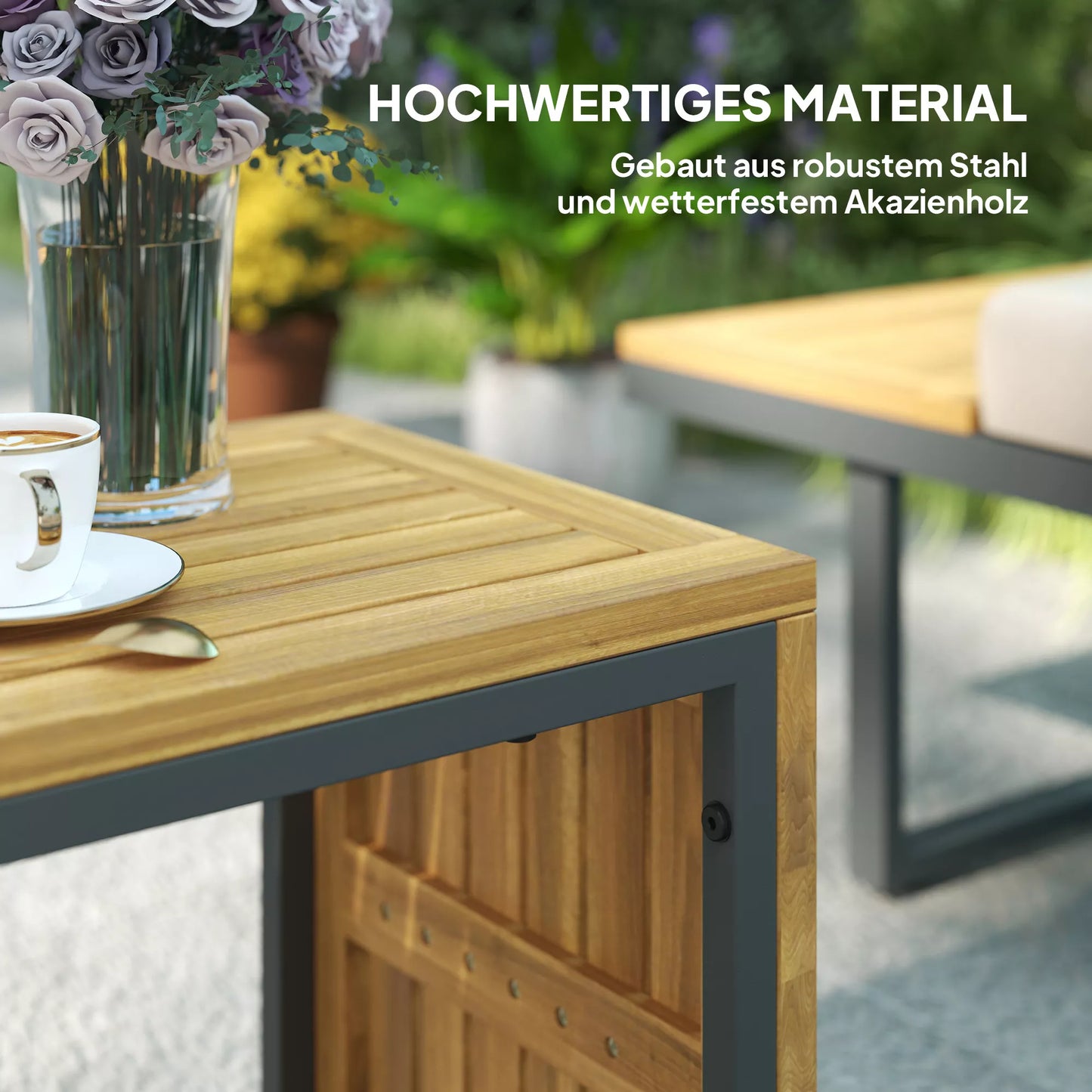 Lauko baldų komplektas, praplečiamas iki 6 vietų, L formos lauko poilsio zona su stalais, plieniniu rėmu, reguliuojamais atlošais, pilkos spalvos.