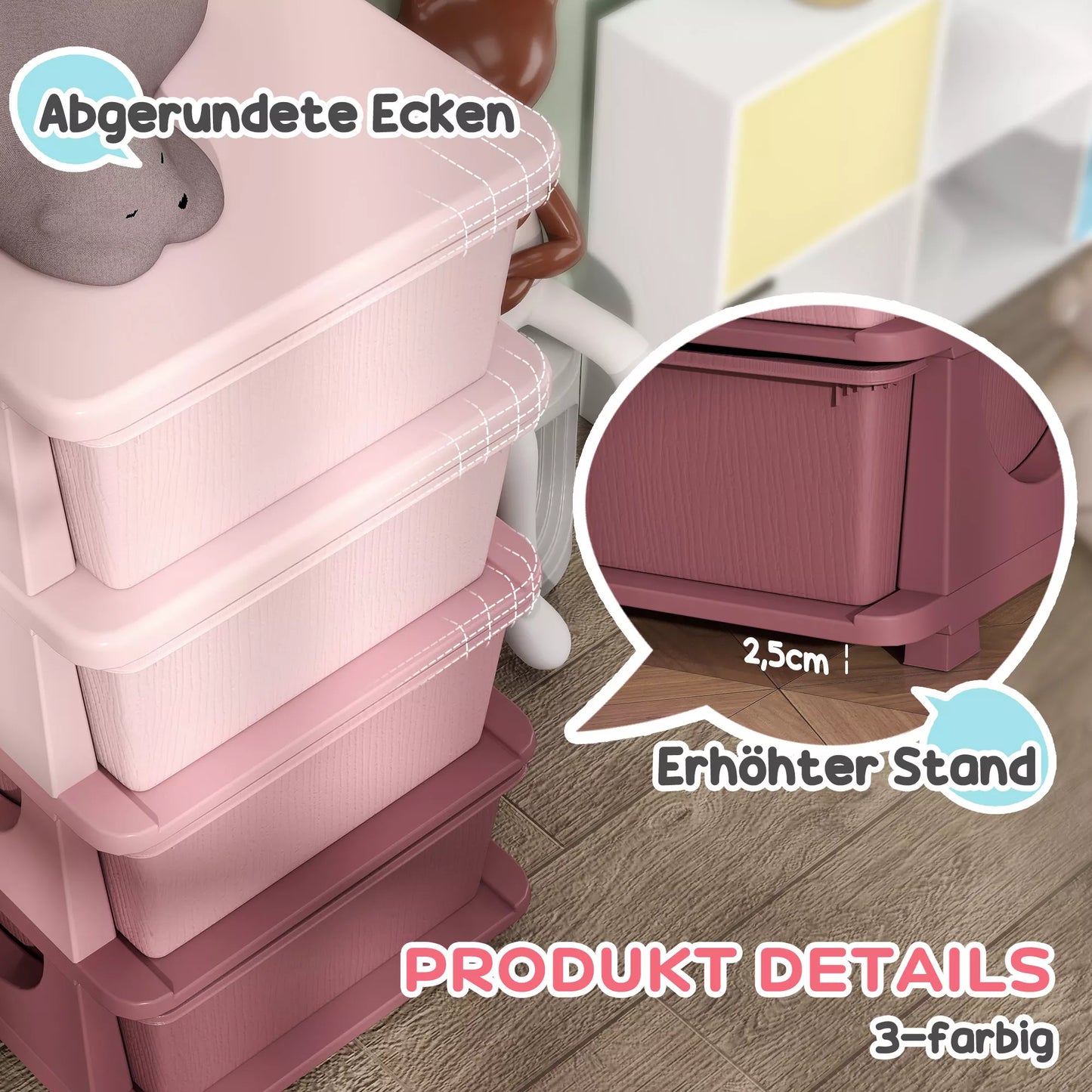 Laikymo dėžės vaikams, 4 stalčiai, suapapvalinti kraštai, paaukštintas dizainas, 37x37x76 cm, Rožinė