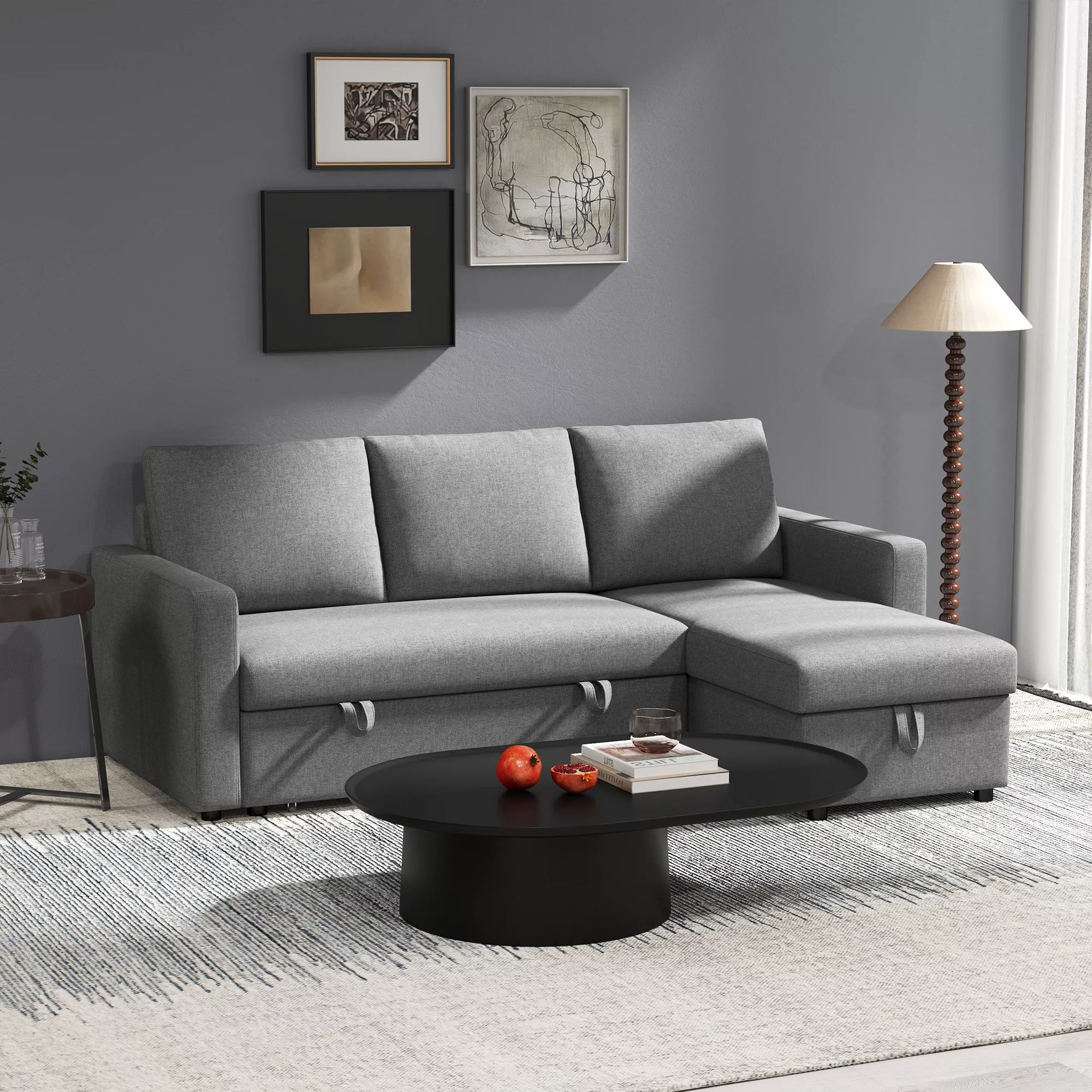 Kampinė sofa su miegojimo funkcija ir patalynės dėže, šviesiai pilka, 211,5 x 146 cm