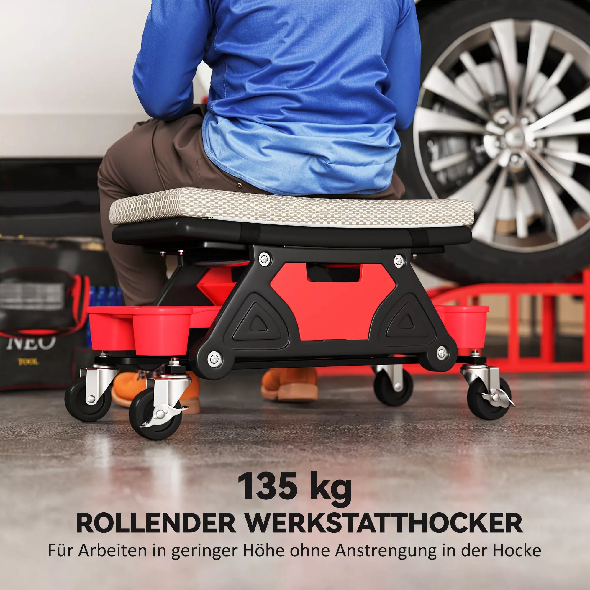 Mechaniko taburetė su ratukais ir dėtuve, iki 135 kg, pilka