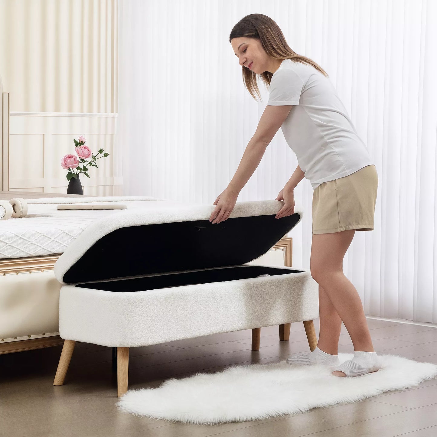 Sandeliukų suolas, sėdimoji suolas su 65 l talpa, Teddy Fleece audinys, kaučiuko mediena, 120 x 42 x 45 cm, kreminės baltos spalvos