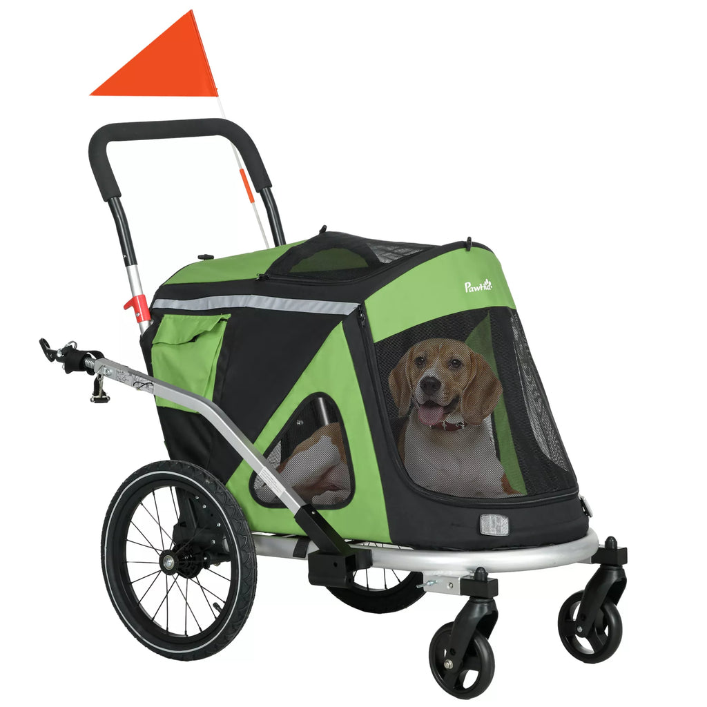 2-in-1 šunų vežimėlis Šunų bėgimo vežimėlis Dviračių priekaba iki 20 kg 2 atšvaitai 1 saugos virvė 150 x 68 x 95 cm Žalia