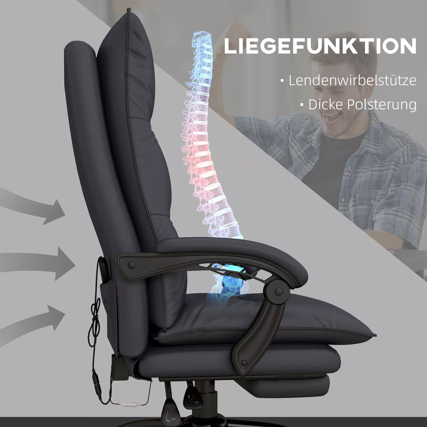 Biuro kėdė su masažo ir šildymo funkcija, kojų atrama, iki 120 kg, tamsiai pilka