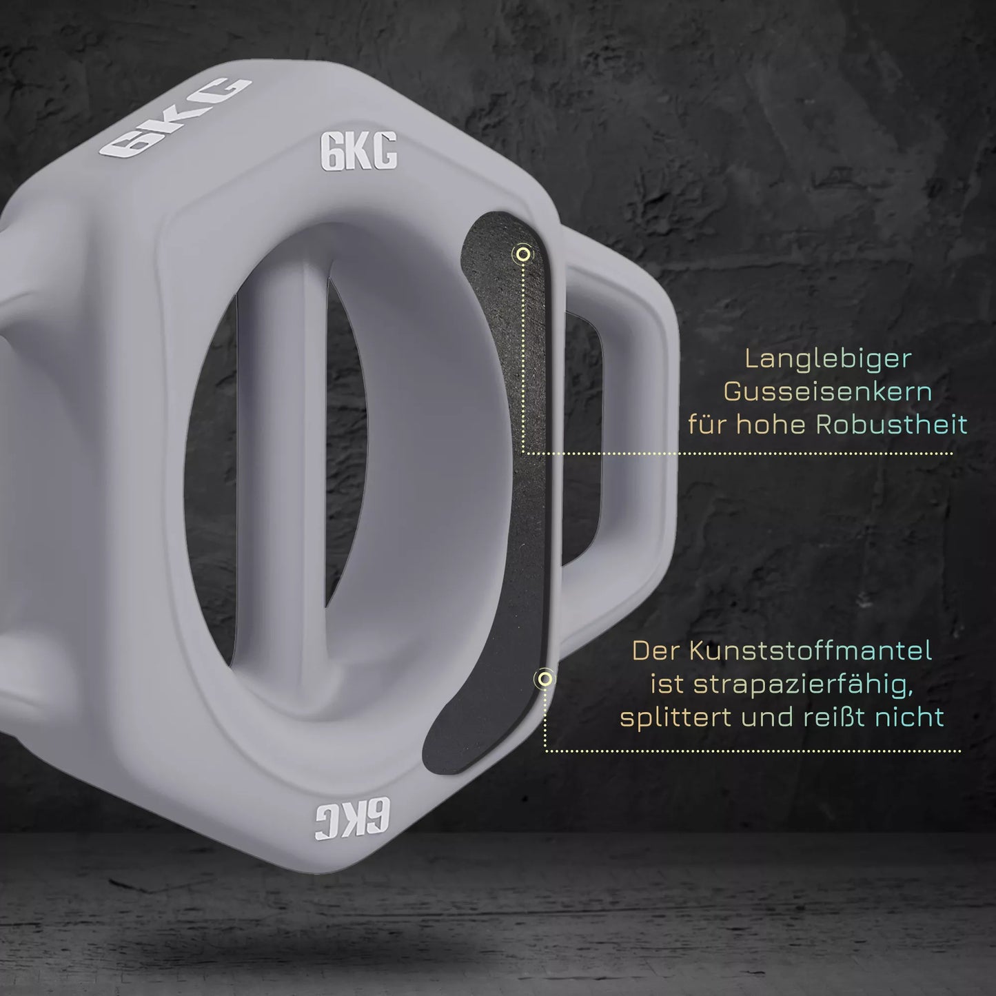 3-in-1 daugiafunkcis svarmenys, 6 kg, neslystantis, mažai kvapus, plastiku dengtas, su geležies šerdimi, pilkas