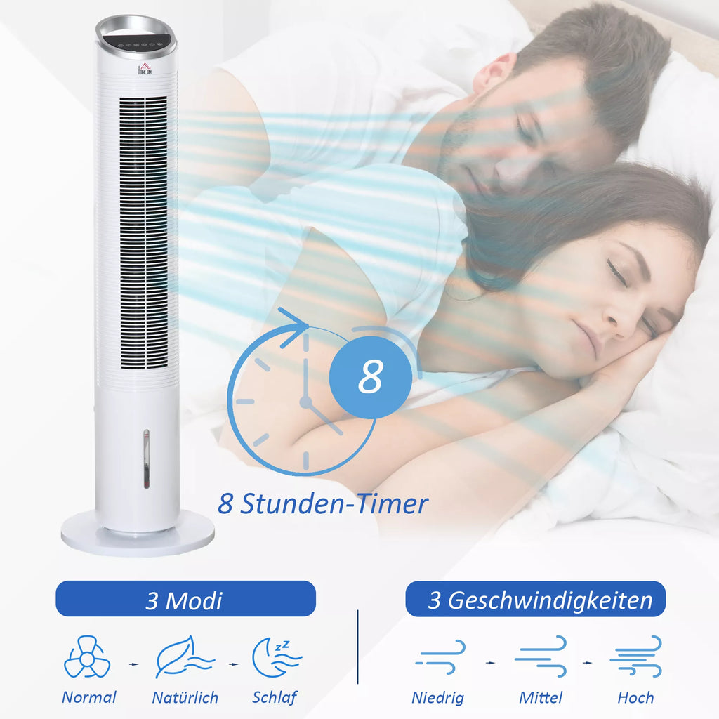 Vandens aušinimo koloninis ventiliatorius su nuotolinio valdymo pultu, 60 W, 20 m², 30 cm x 30 cm x 100,8 cm, 3 režimai, baltas