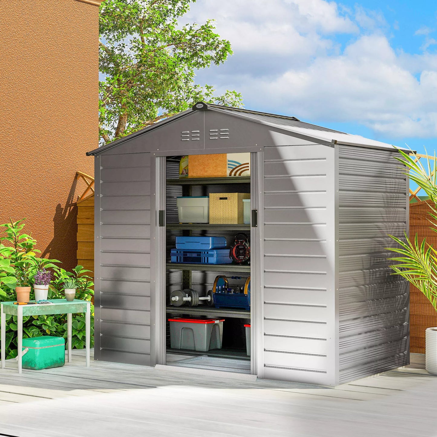 2,43 m² sodo namelis, 213 x 131 x 192 cm įrankių stoginė su dvišlaičiu stogu, užrakinamos stumdomosios durys, atsparus oro sąlygoms, pilkas