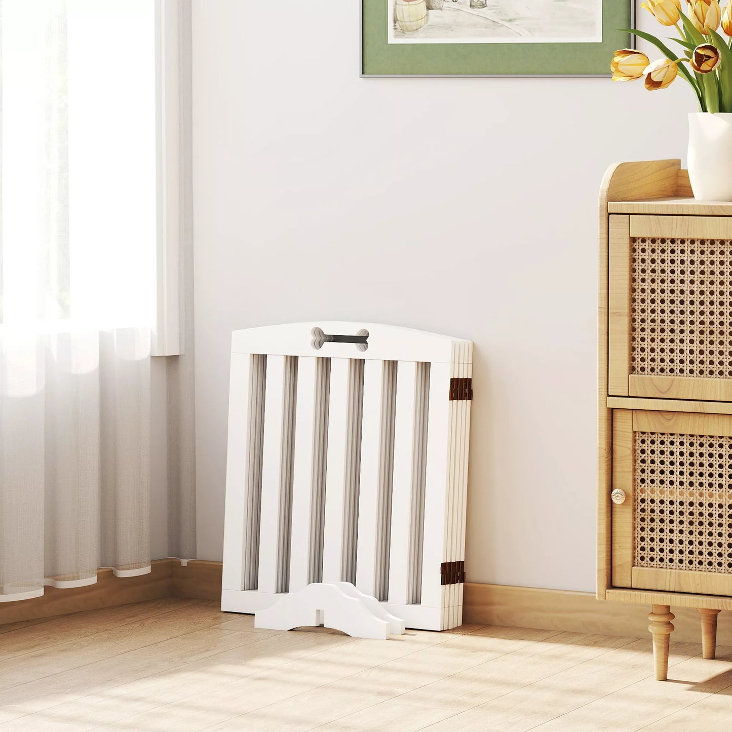 Laisvas stovintis šunų aptvaras su atraminėmis kojomis, skirtas durų angai, koridoriui, laiptams, 258 x 30 x 61 cm, baltas