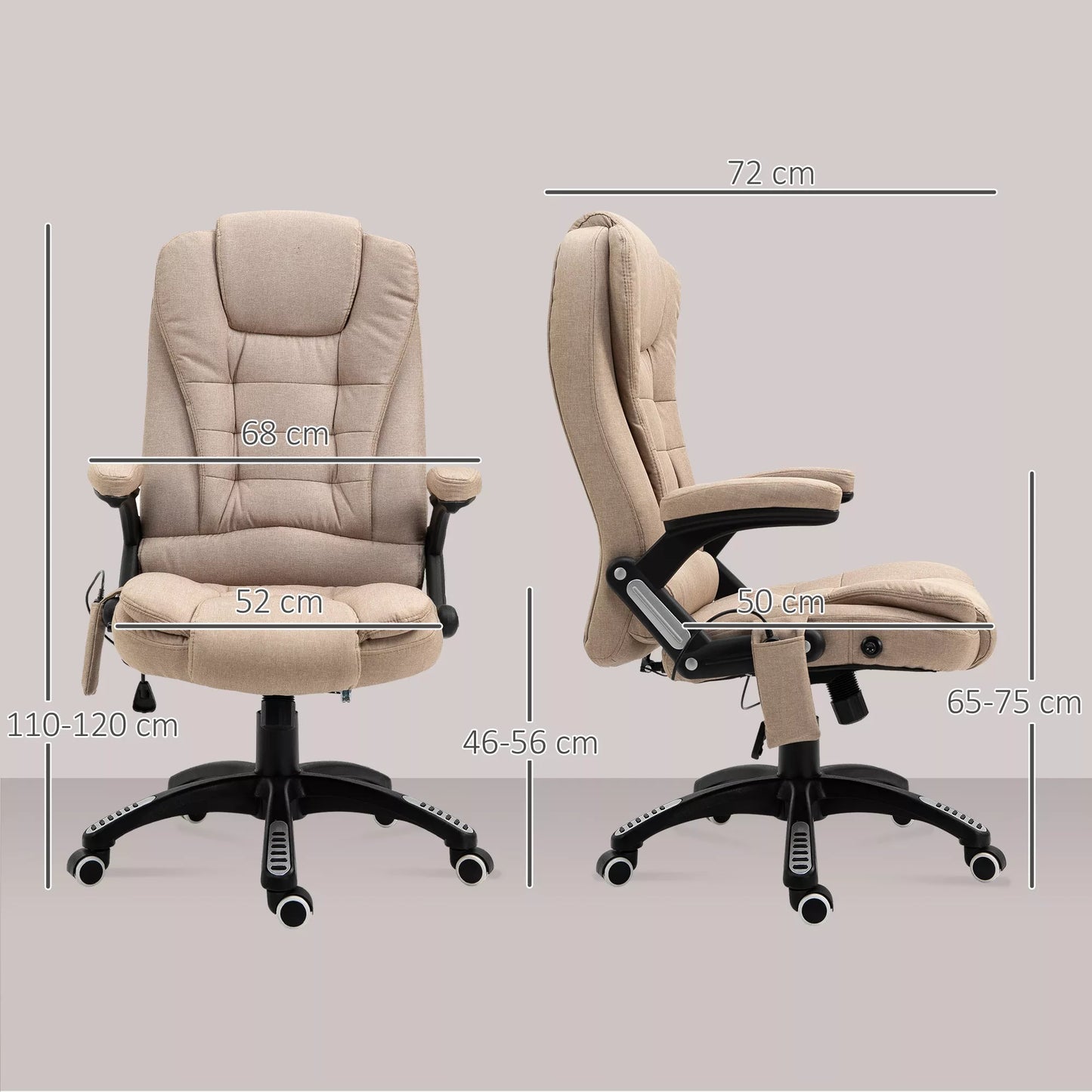 Masažinė kėdė su šildymo funkcija, Ergonomiška biuro kėdė, reguliuojamo aukščio, 68I x 72P x 110-120 cm, Ruda