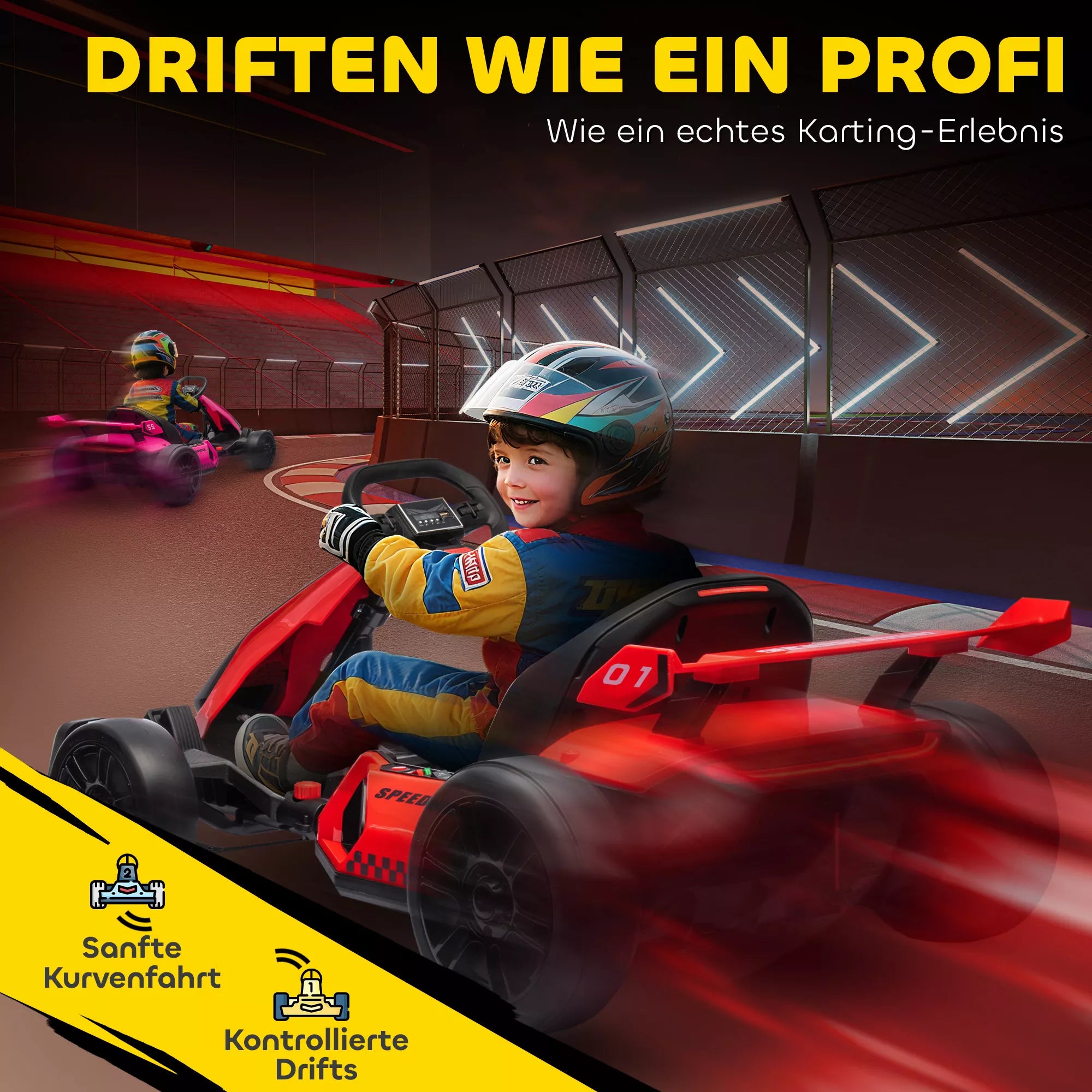 Go-Kart vaikams, elektrinis kartas su signaline ir muzikos funkcija, reguliuojama sėdynė, greitis iki 12 km/h, plastikas, metalas, raudonas