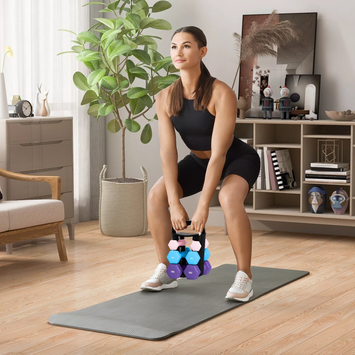 Hantelių rinkinys su laikymo stovu, 6 hantelių komplektas fitneso treniruotėms, 2 x 1kg, 2 x 3kg, 2 x 5kg