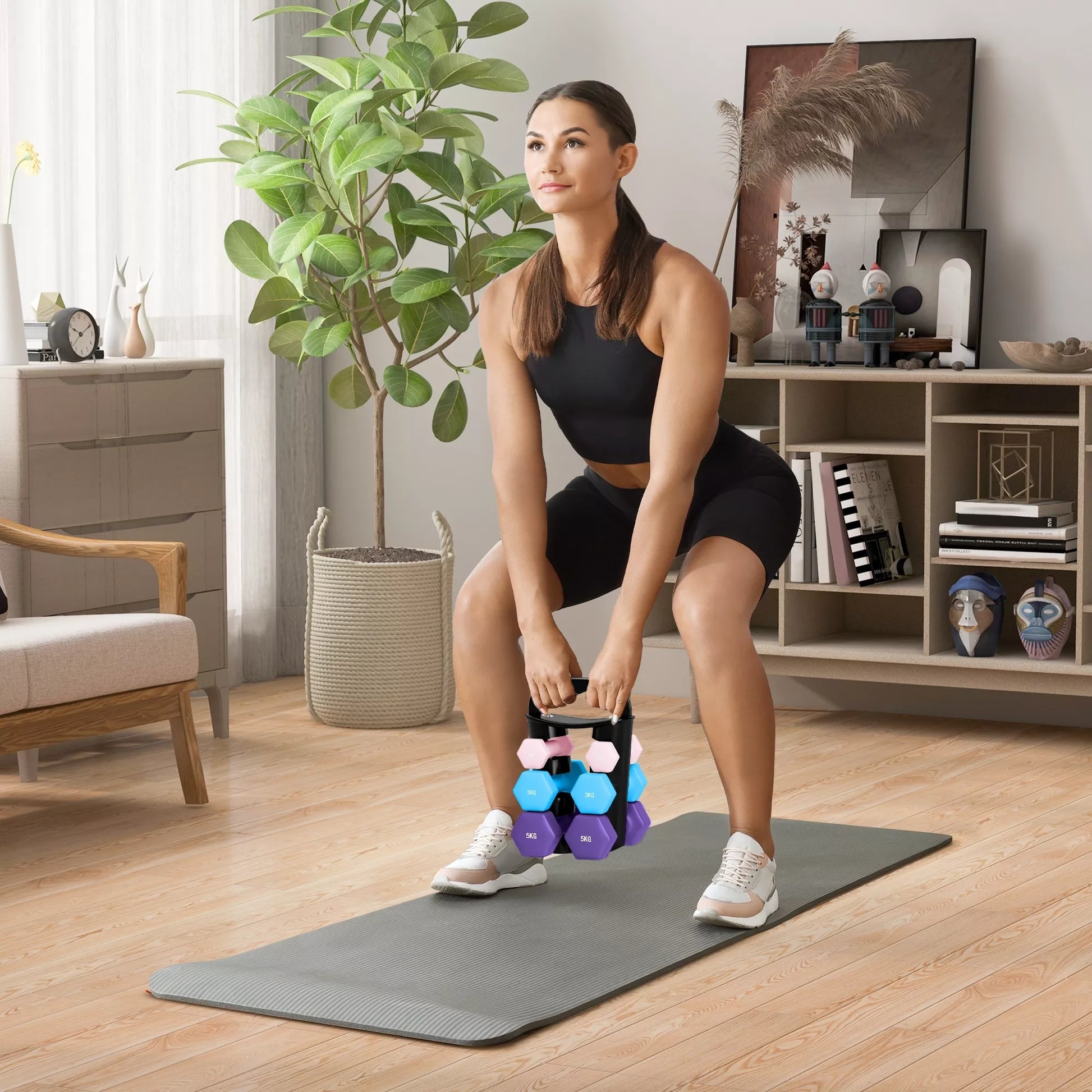 Hantelių rinkinys su laikymo stovu, 6 hantelių komplektas fitneso treniruotėms, 2 x 1kg, 2 x 3kg, 2 x 5kg