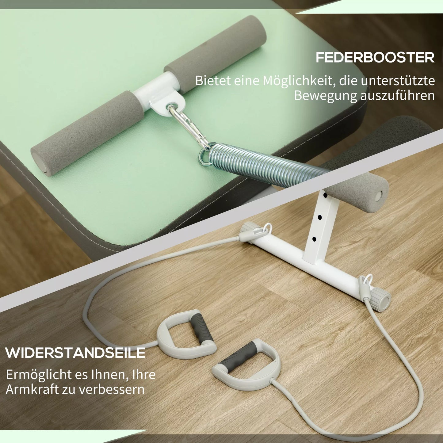 Treniruočių suolas, pilvo treniruoklis, reguliuojamas aukštis, sulankstomas, 2 pasipriešinimo juostos, plienas, žalias, 51 x 137 x 50-66 cm