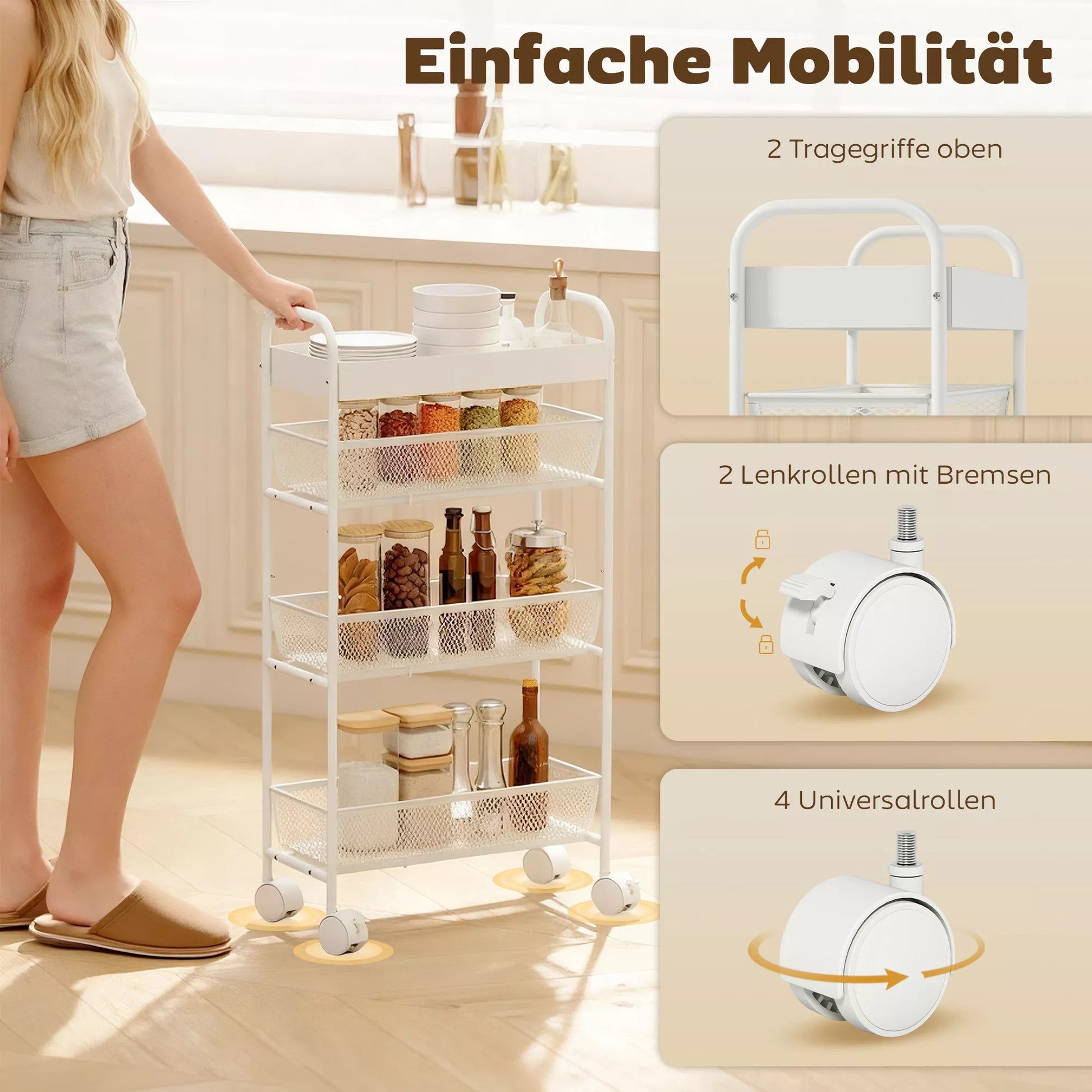 Metalinis virtuvės vežimėlis, 3 krepšiai, siauras dizainas, 4 ratai, skirtas virtuvei, svetainei, vonios kambariui, baltas