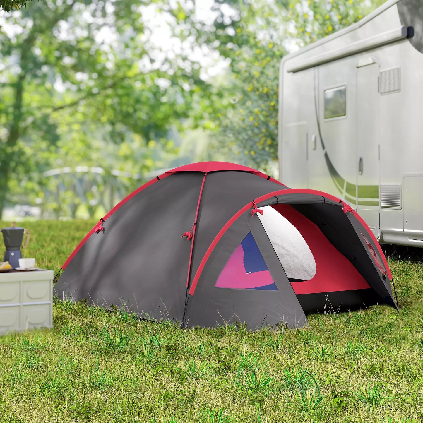 Kempingo palapinė 2 žmonėms, lengva, stabili, atspari vandeniui, UV 50+ su tentu, durimis, langu, grindų danga, pilka