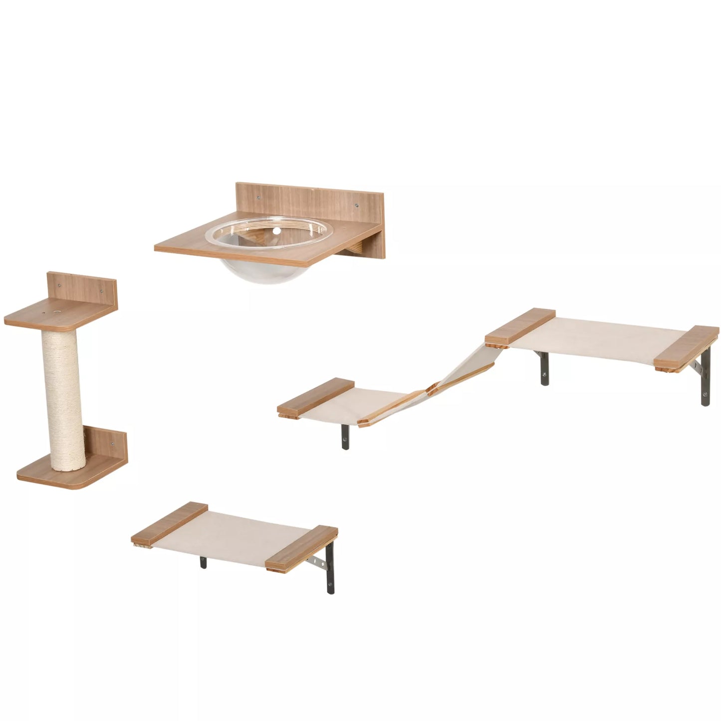 4 dalių katės laipiojimo sienelė su draskykle, katės laipteliais, katės baldais, hamaku, šviesiai rudos spalvos, sizalis, akrilas, pušis