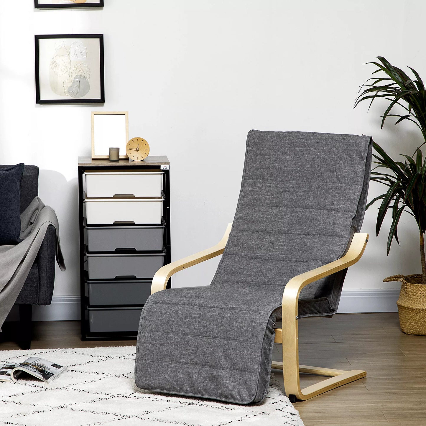 Akcentinis krėslas, poilsio krėslas su reguliuojamu kojų atlošu, beržo medienos rėmas, iki 120 kg, 66,5 x 94 x 100 cm, pilkas