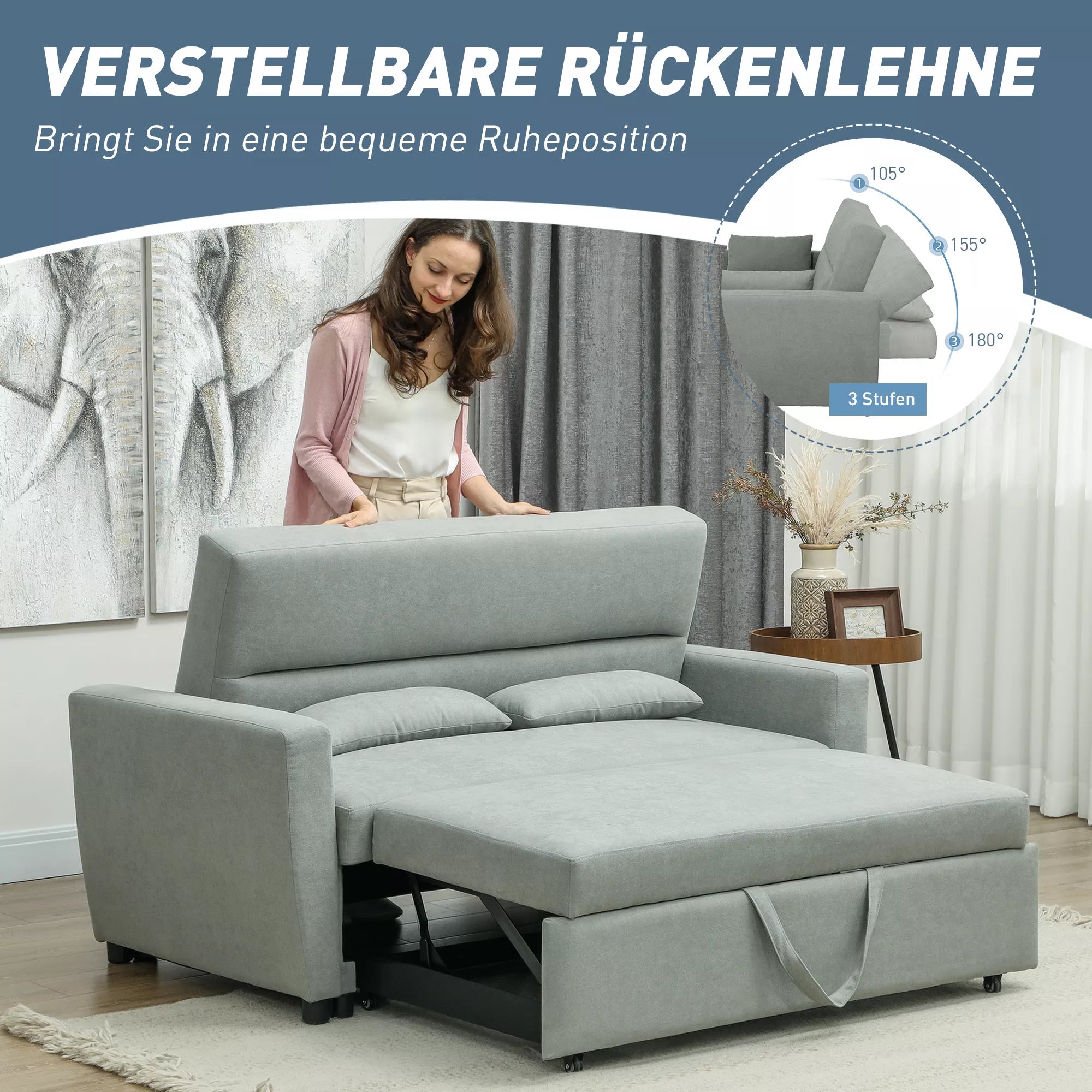 Miegamoji sofa su reguluojamu atlošu, 155 cm, šviesiai pilka