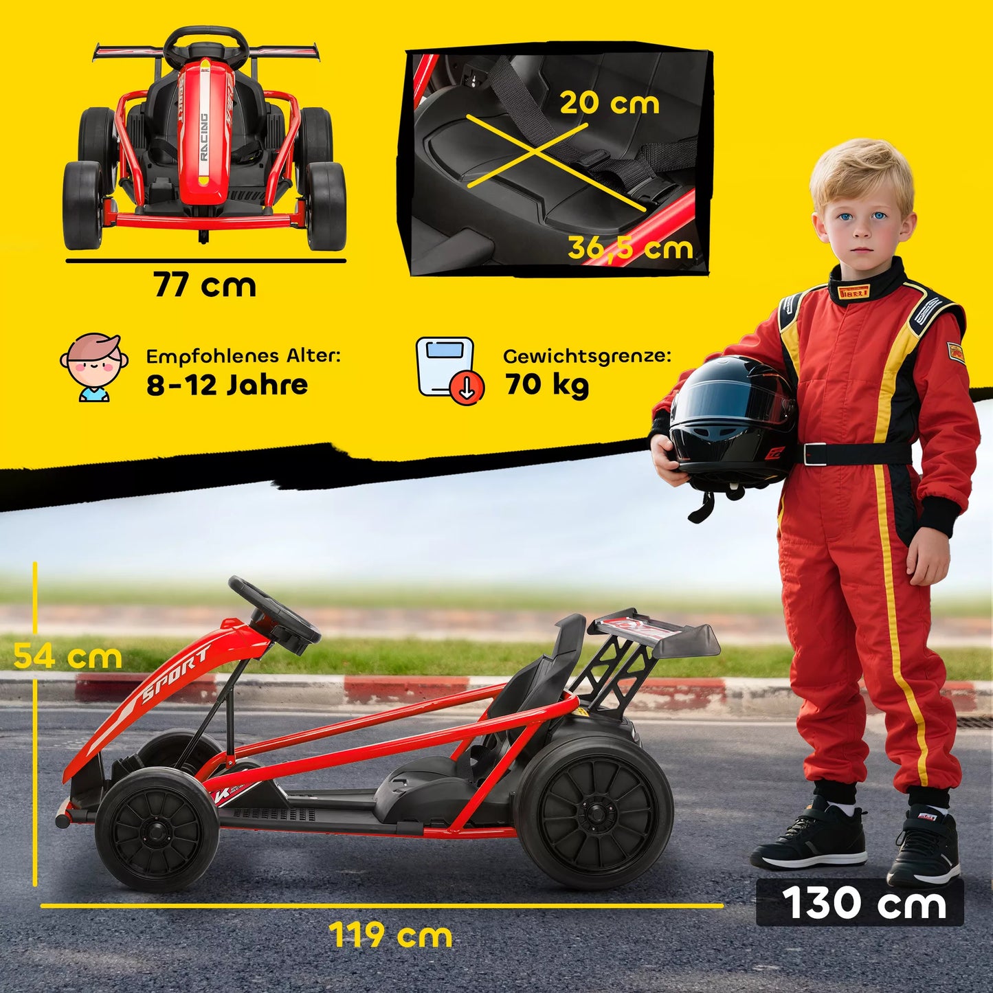24V elektrinis Go-Kart, skirtas važiuoti ir driftuoti, nailoniniai ratai, saugos diržas, garsinis signalas, muzika 8-12 metų vaikams, raudonas