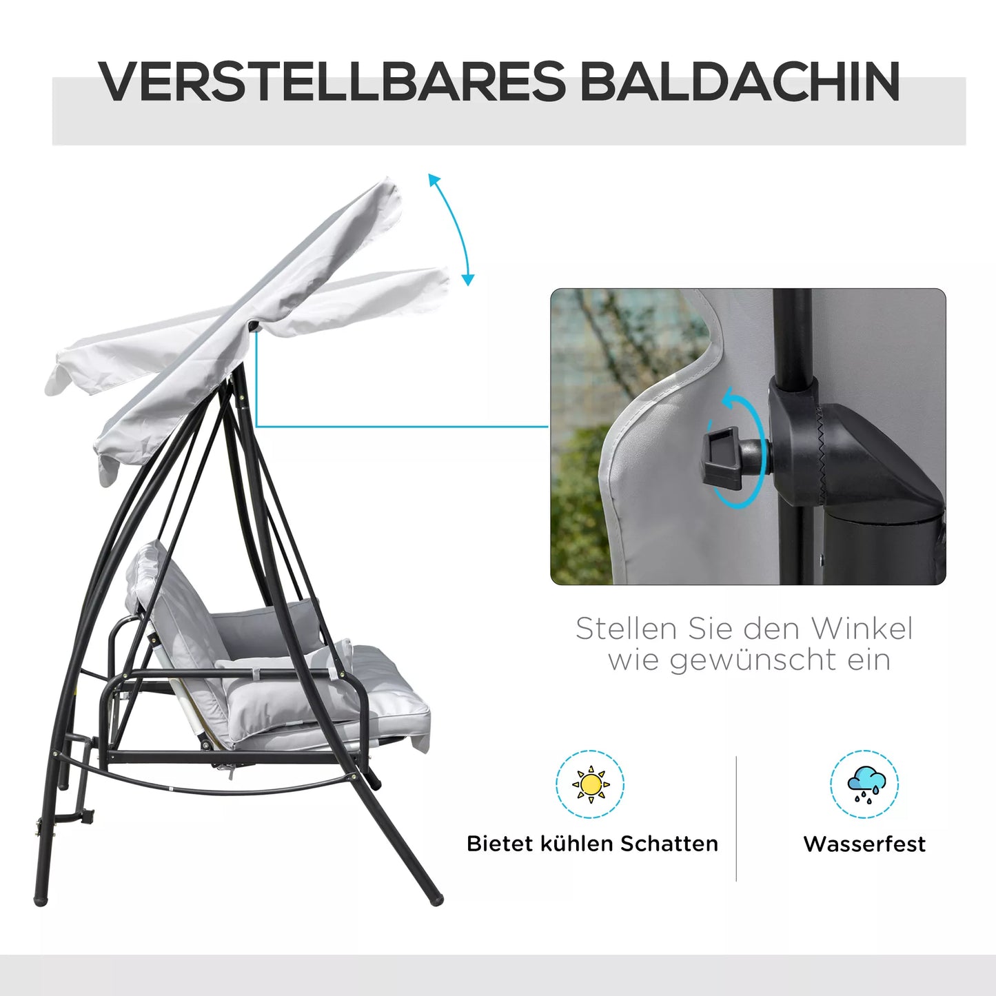 Sūpuoklės sodui, supamoji 3 vietų, su gulėjimo funkcija, metalas+poliesteris, pilka, 209 x 114 x 170 cm