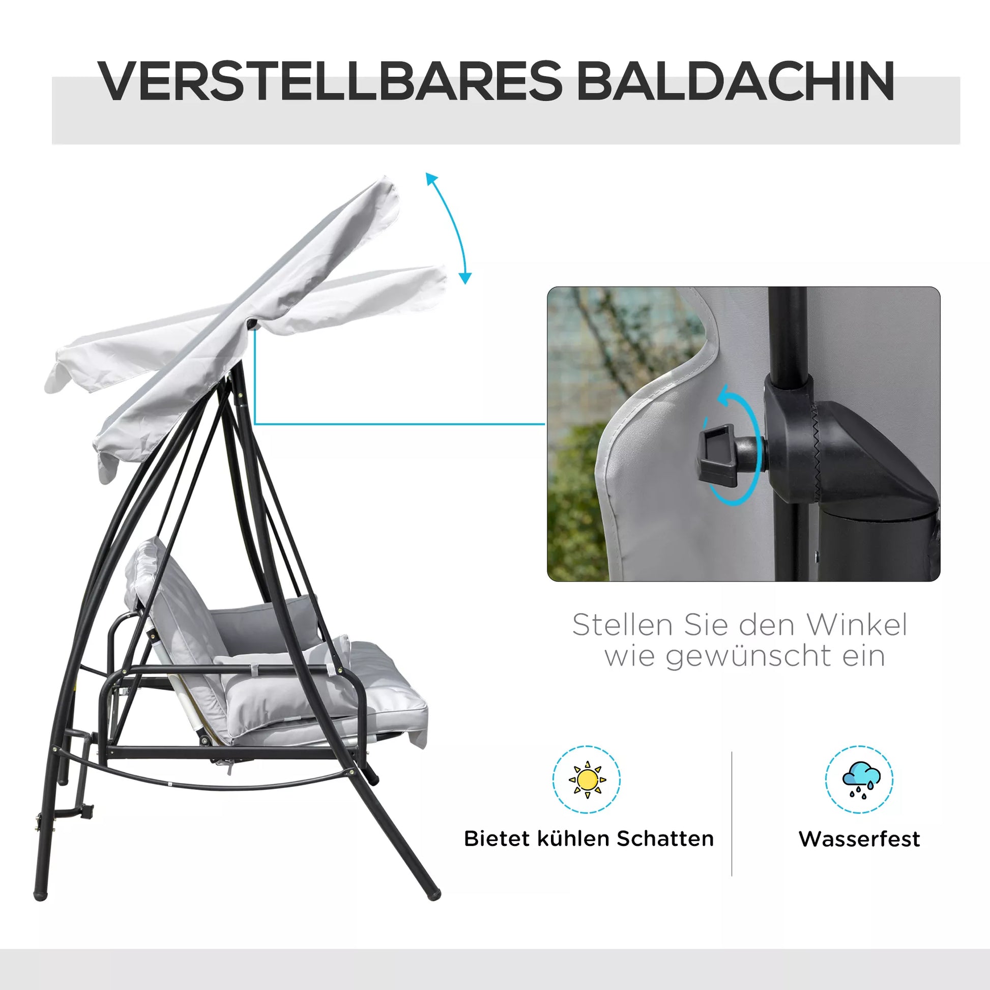 Sūpuoklės sodui, supamoji 3 vietų, su gulėjimo funkcija, metalas+poliesteris, pilka, 209 x 114 x 170 cm