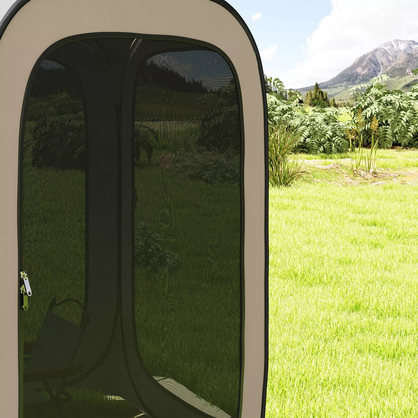 Automatinė kempingo palapinė, nešiojama, su UPF50+ apsauga, tinklelio šonais, plieninio rėmo, chaki spalvos