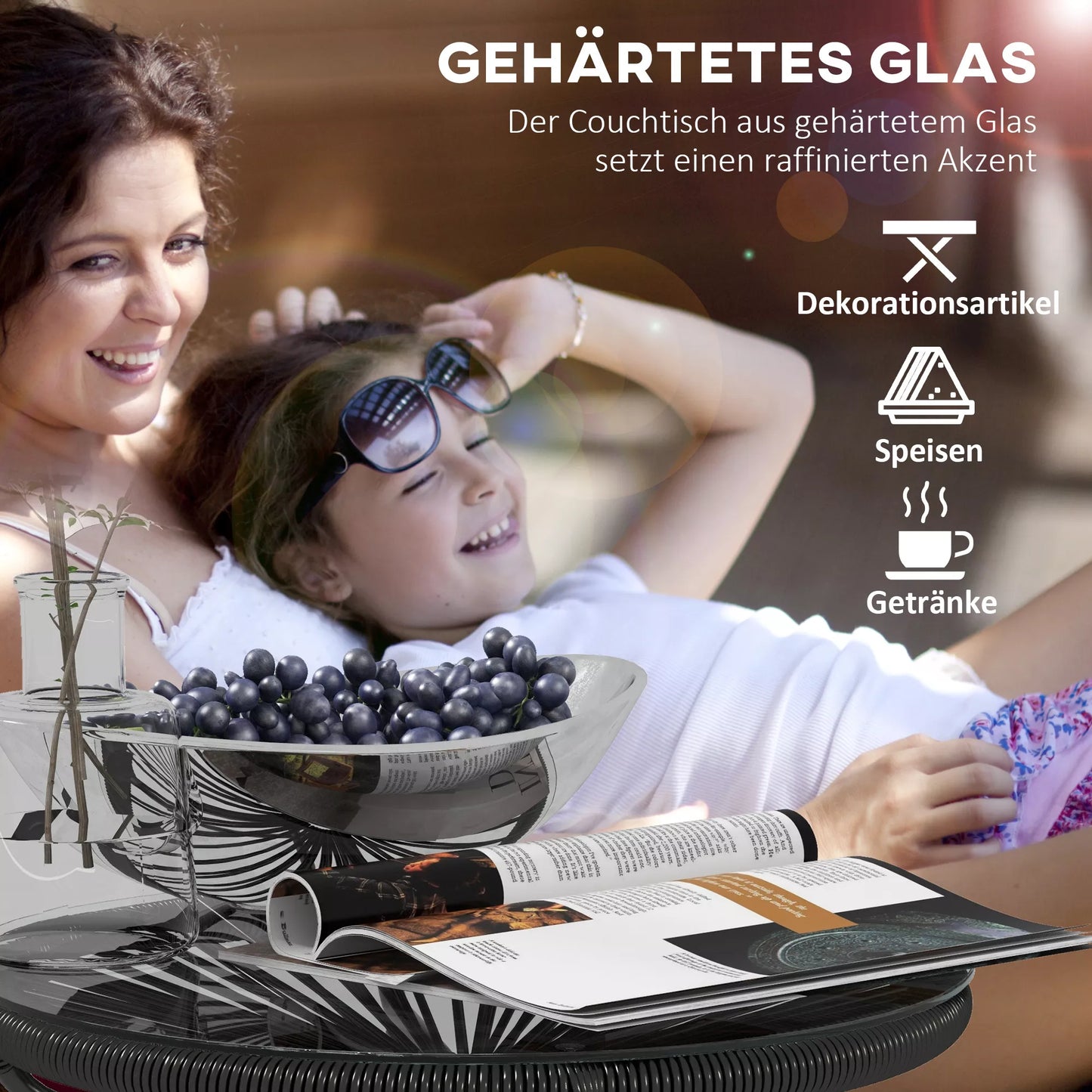 Sodo stalas Boho stiliaus lauko staliukas, PE rotangas, grūdintas stiklas, atsparus atmosferos poveikiui, 50 cm x 50 cm x 50 cm, juodas