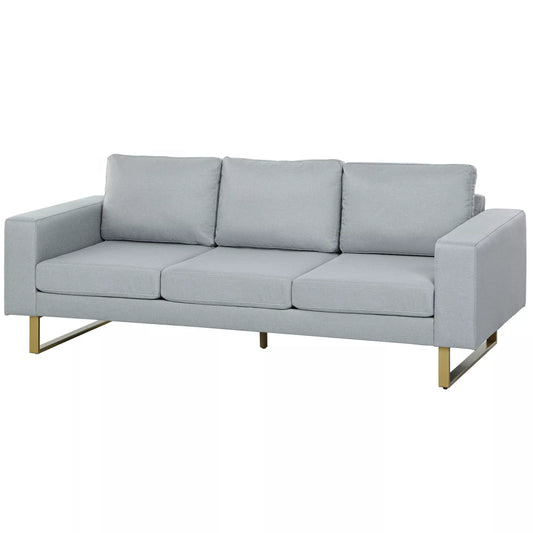 3 vietų sofa, su medinio masyvo rėmu, metalinėmis kojomis, paprastas dizainas, šviesiai pilka
